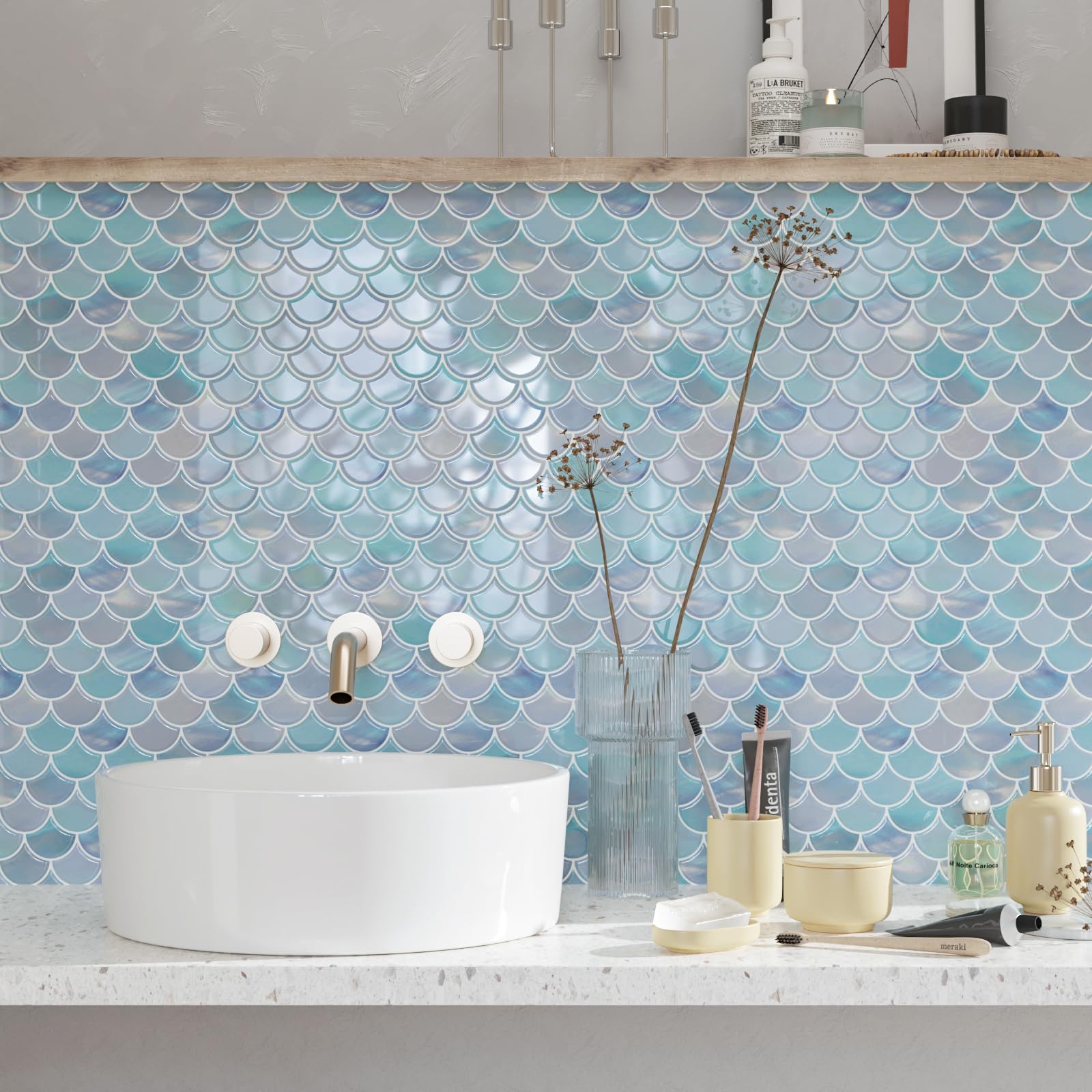 CRE8TIVE 16 Pezzi Piastrelle Adesive Cucina Blu Impermeabile Piastrelle Adesive Muro Viola Blu Forma di Ventaglio Mattonelle Adesive Bagno Mosaico Adesivo Paraschizzi Cucina Camino 30.5cm x 30.5cm