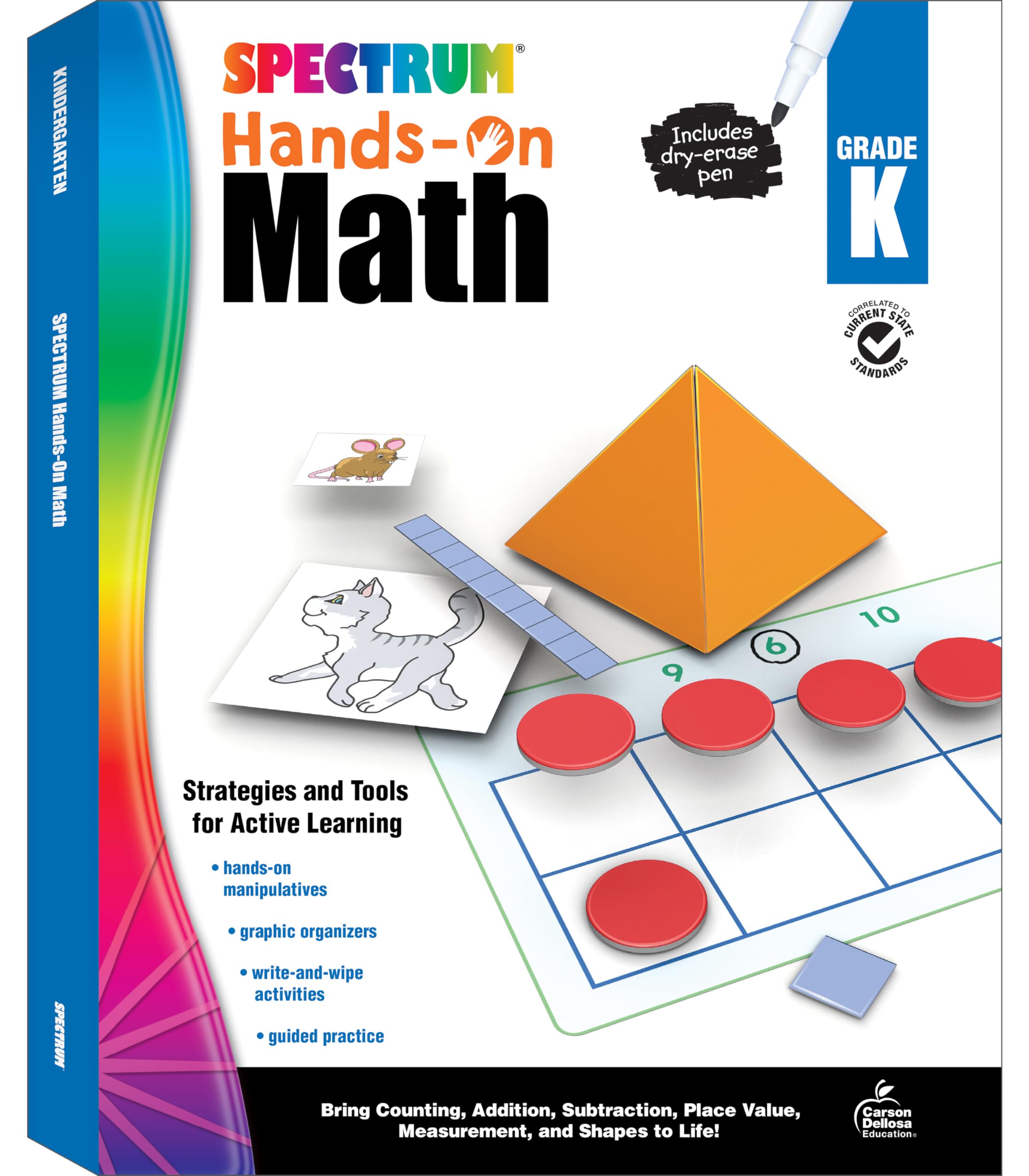 Spectrum Hands-on Math Kindergarten Workbooks, Activity Book for Kids Ages 5 to 6 With Manipulatives and Dry Erase Activities Covering Addition, Subtraction, Place Value, and More Mathematics