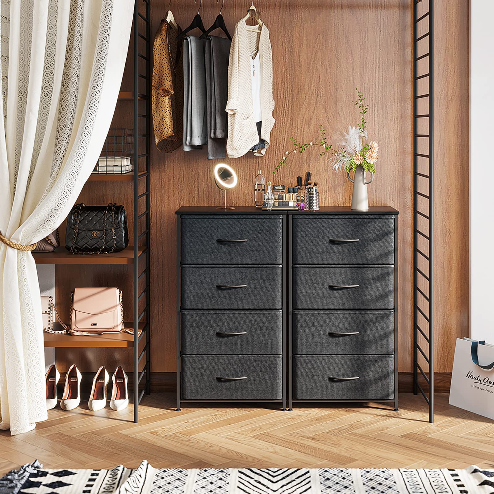 ODK Dresser for Bedroom with 4 Storage Drawers, Small Dresser Chest of Drawers Fabric Dresser with Sturdy Steel Frame, Dresser for Closet with Wood Top, Black