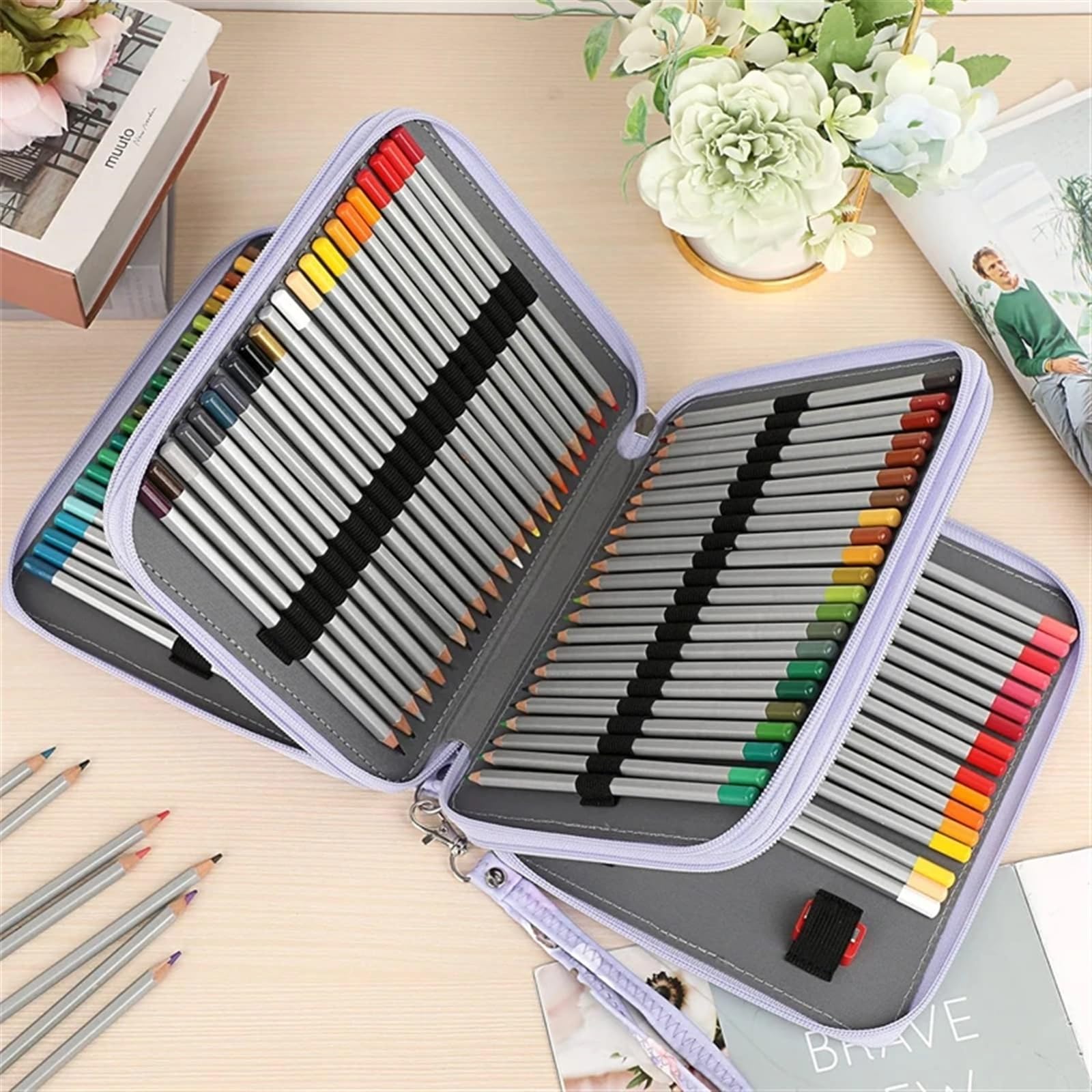 FedermäPpchen Buntstiftetui - Bleistifthalter mit 120 Fächern, Bleistift-Organizer mit großer Kapazität und Trageschlaufe, praktische Buntstiftbox(Purple)