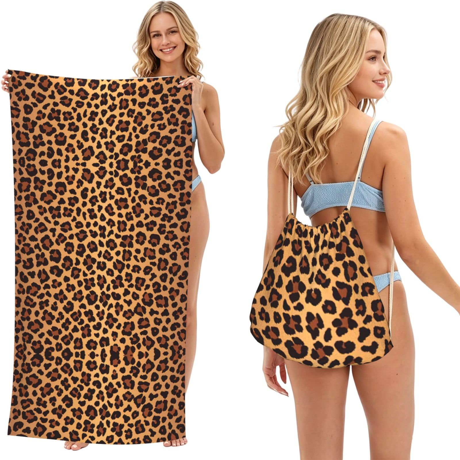 aacxzff Leopard Pattern Print 2 in 1 Packable Towel Bag, Drawstring Beach Towel Backpack,80x160cm for Beach trips