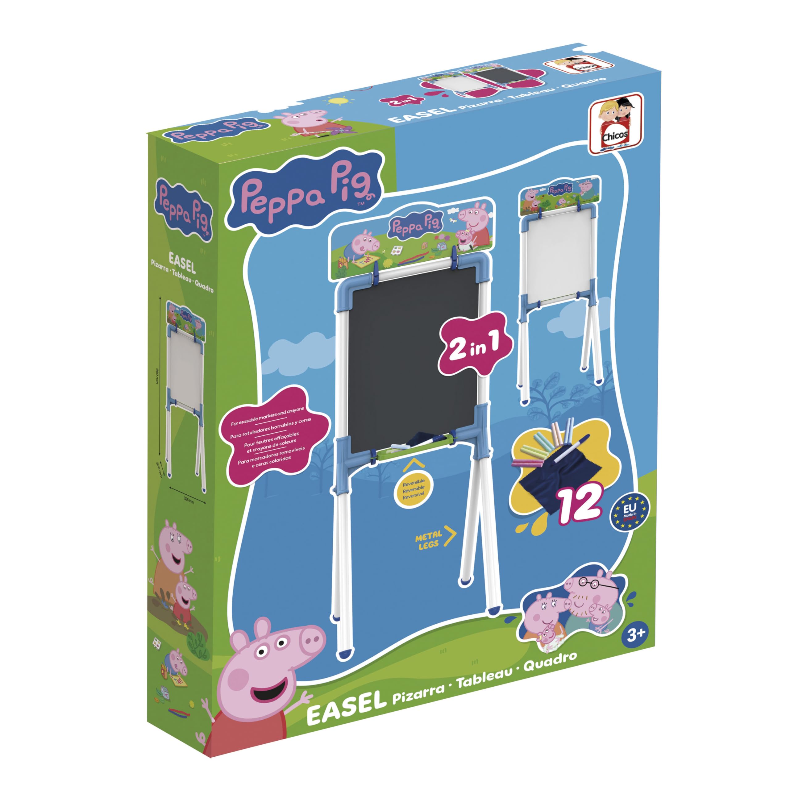 Chicos – Chevalet Enfant Peppa Pig 2 en 1 | Tableau Double Face Ardoise Craie et Feutre Effaçable | Pieds Métal | 10 Craies + Marqueur + Chiffon | Dès 3 Ans (53035)