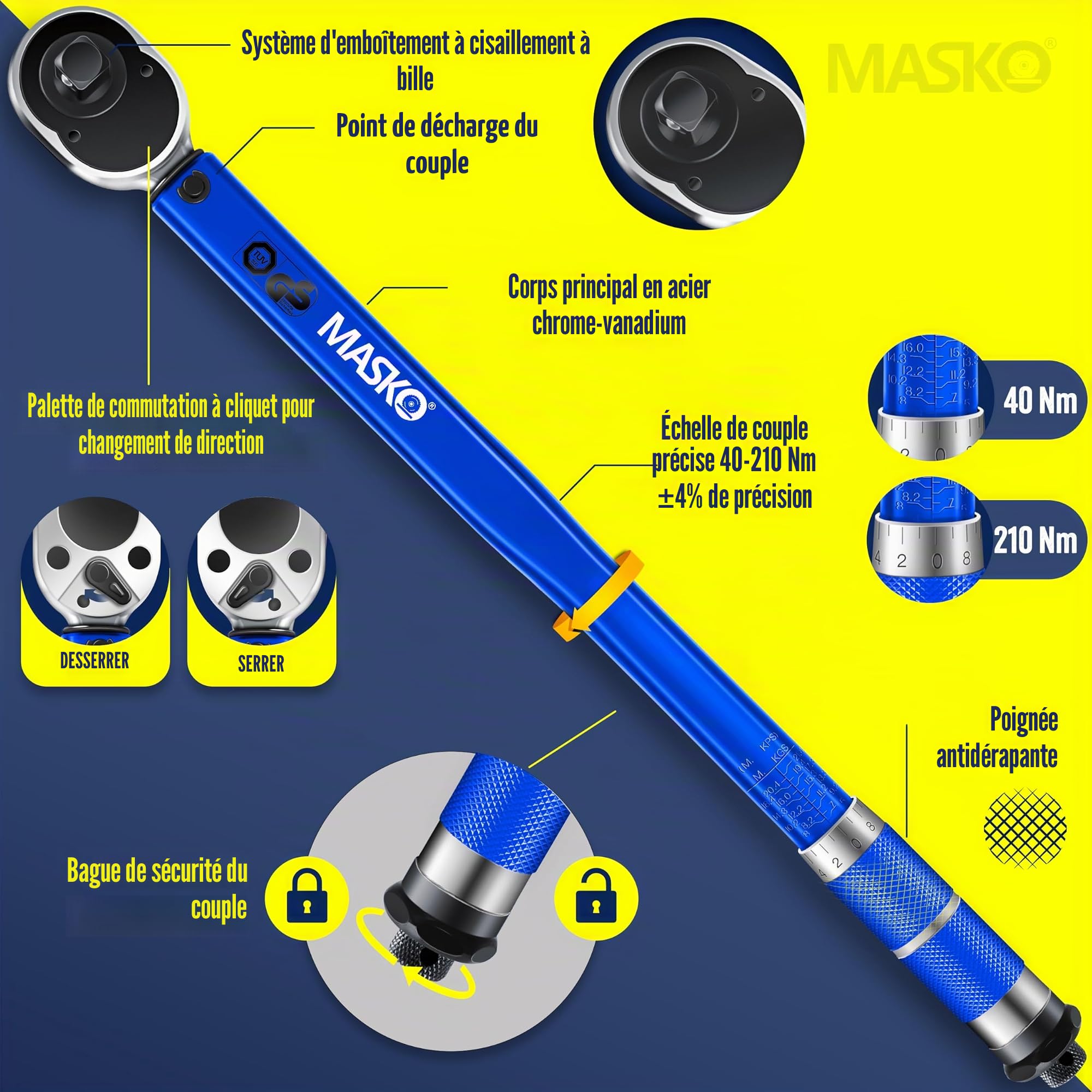 Masko clé dynamométrique 40-210 Nm 1/2" CV avec 3 douilles 17-21 mm et rallonge 125 mm coffret