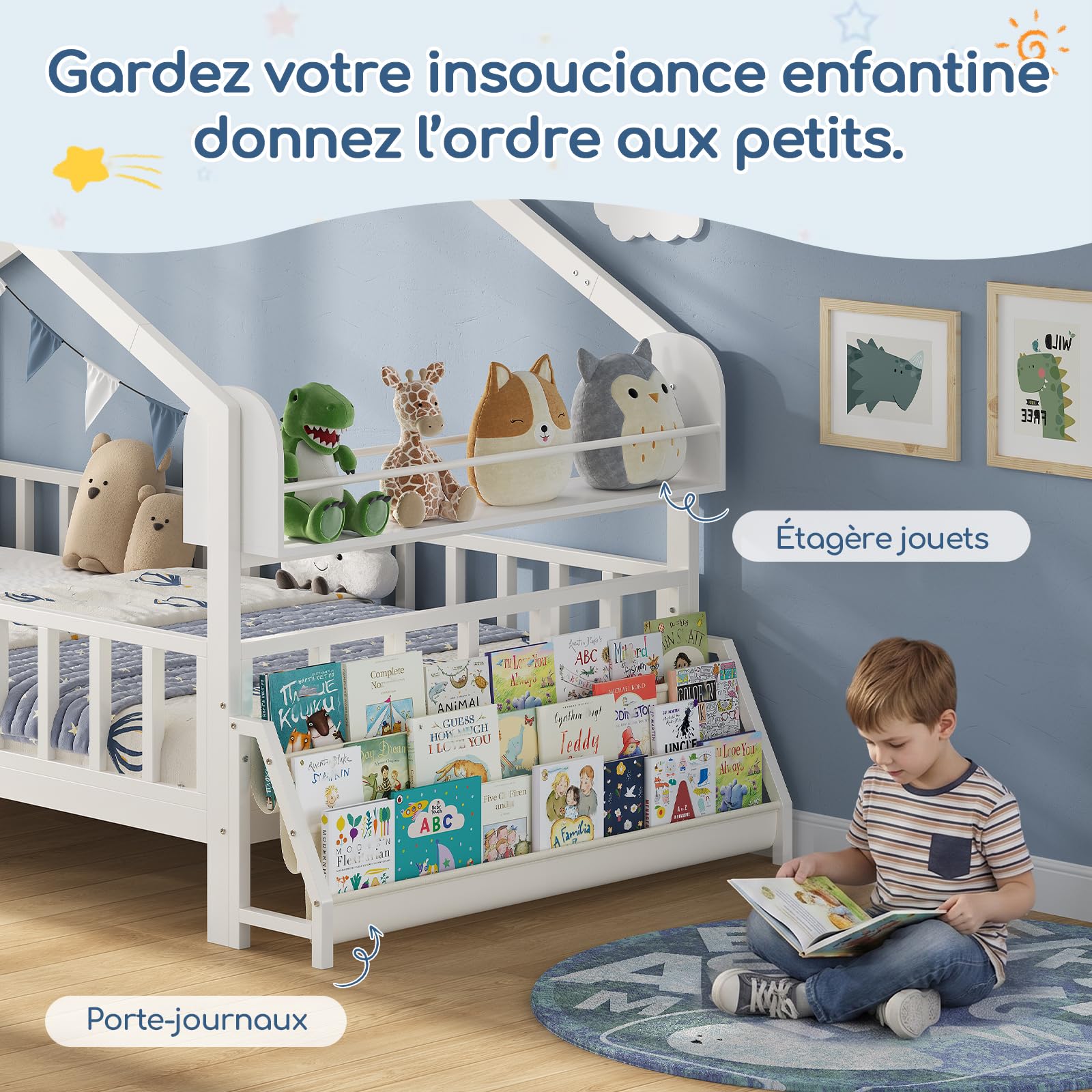 KIMENICH Lit Cabane Enfants 90 X 200 cm, Lit au Sol, Blanc