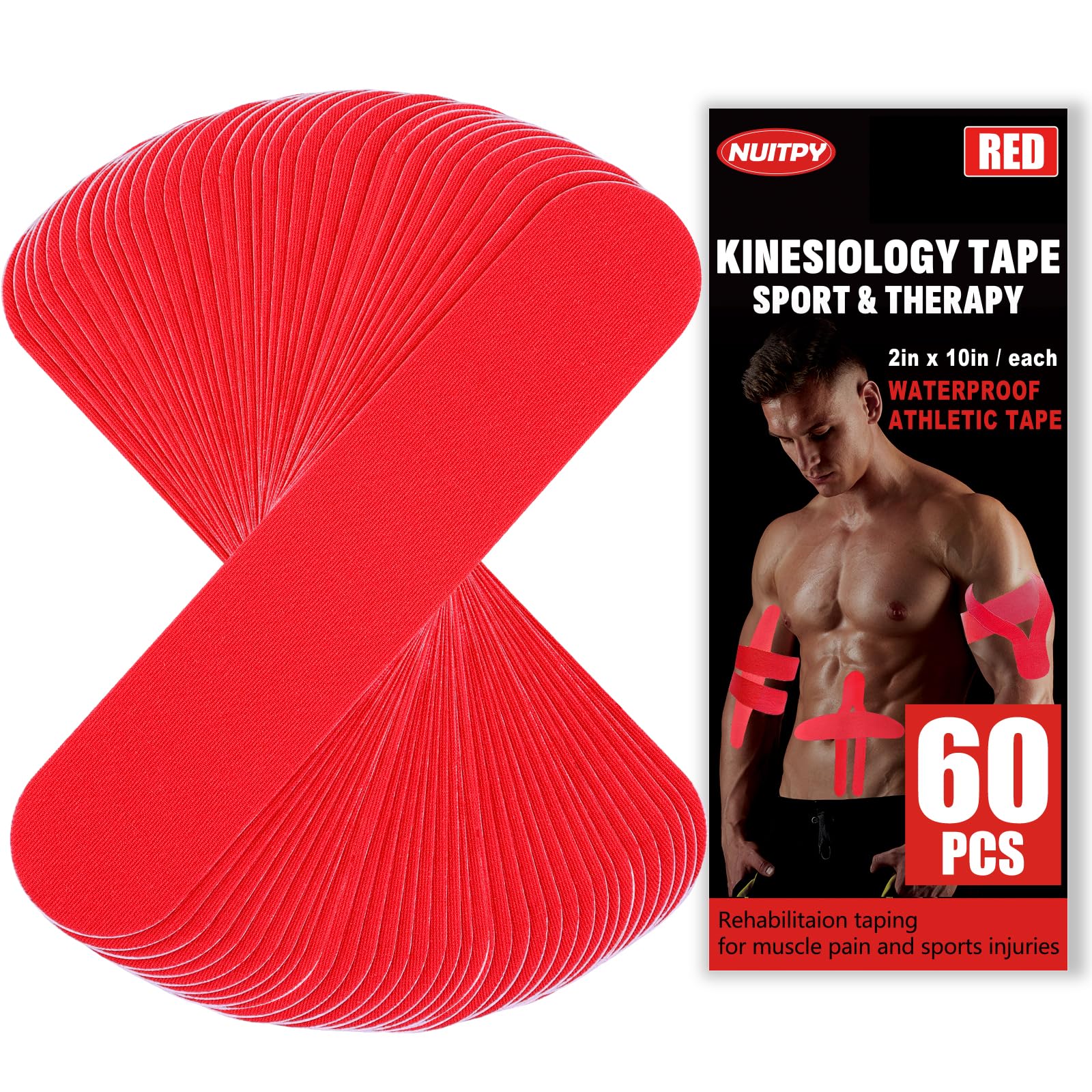 60 Pcs Red Precut Kinesiology Tape Strips, 2in x 10in Kinetic Tape