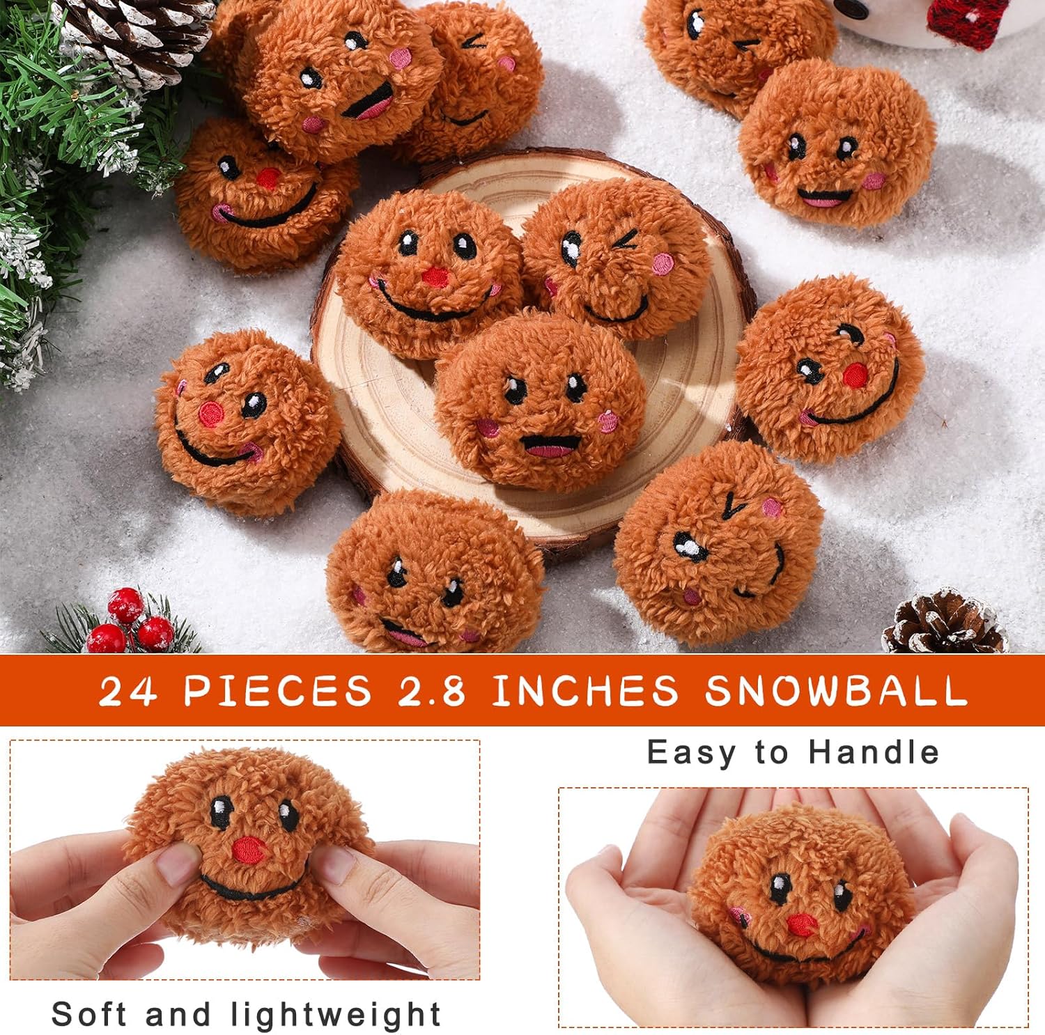Sadnyy 24 Pack Christmas Snowball Fun Fight Set for Kids Indoor Outdoor Christmas Games for Family Party 2.8 Inch Snowman Face Fake Snowballs Fight in a Bucket for Winter Party(Gingerbread Man)