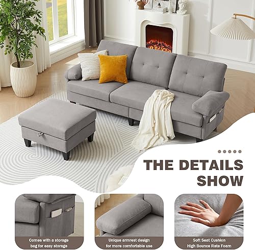 Miniatura 5 de Sofá modular convertible de 86 pulgadas, sofá modular profundo en forma de L de 3 asientos con otomana, sofás tapizados de lino moderno para sala de