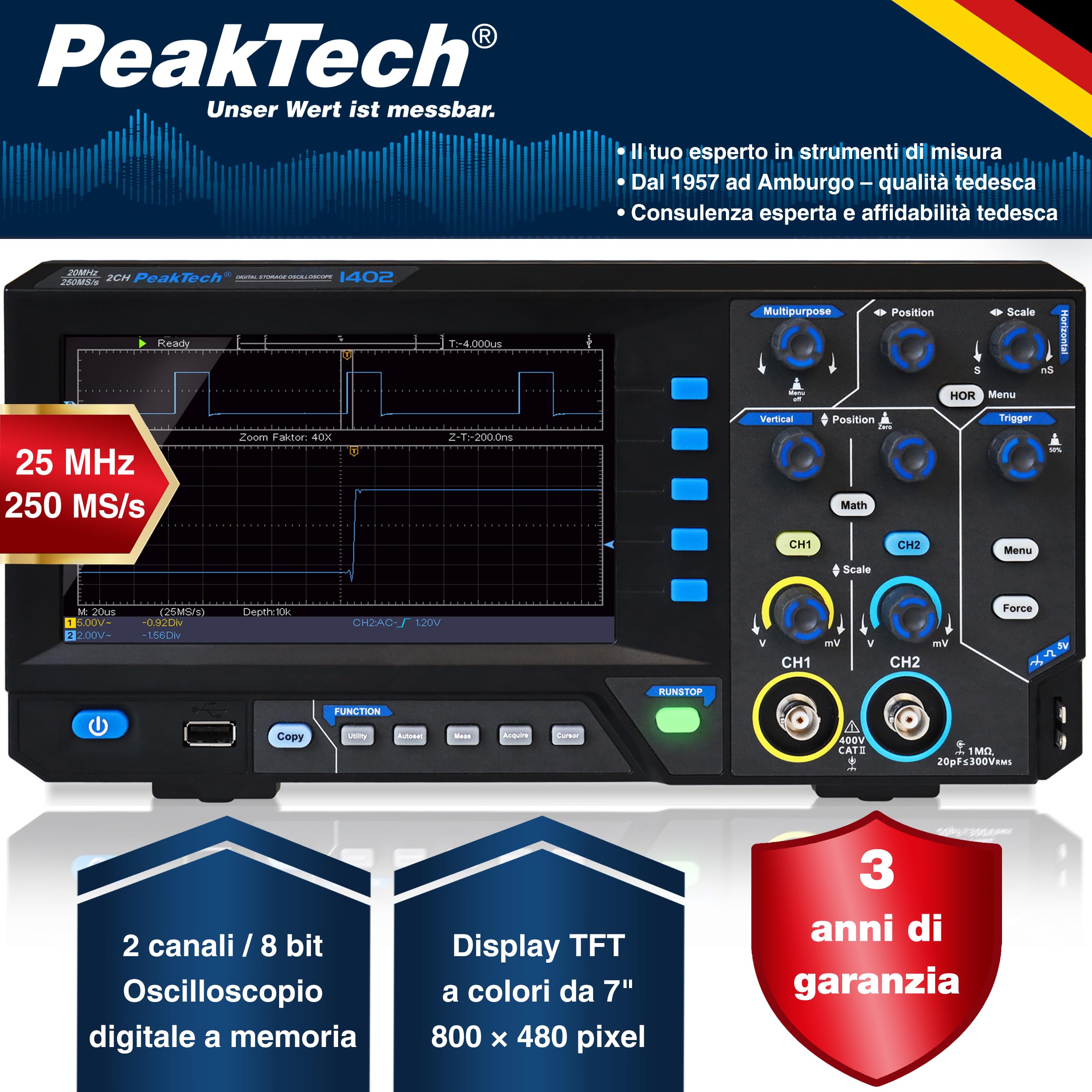 PeakTech 1402 - Oscilloscopio digitale a 2 canali [3 anni di garanzia] 20 MHz, 250 MS/s, interfaccia USB, software PC, Oscilloscopio P 1402, nero, oscilloscopio USB, oscilloscopio multimetro