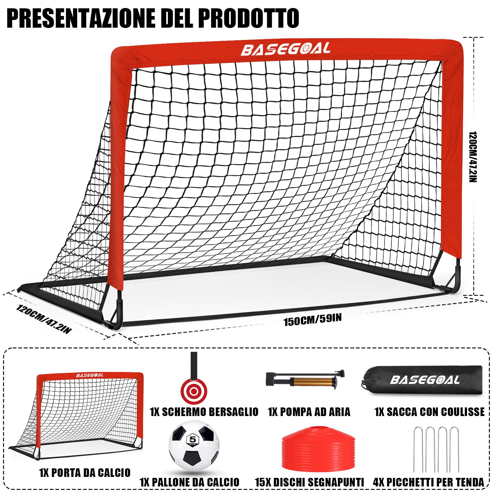 Porte da Calcio per Giardino, Porta da Calcio per 150x120cm, Porticine Da Calcio con Aste In Fibra di Vetro e Reti di Alta Qualità, Bullseye e Borsa per Giardino e Gioco per Interni - 3