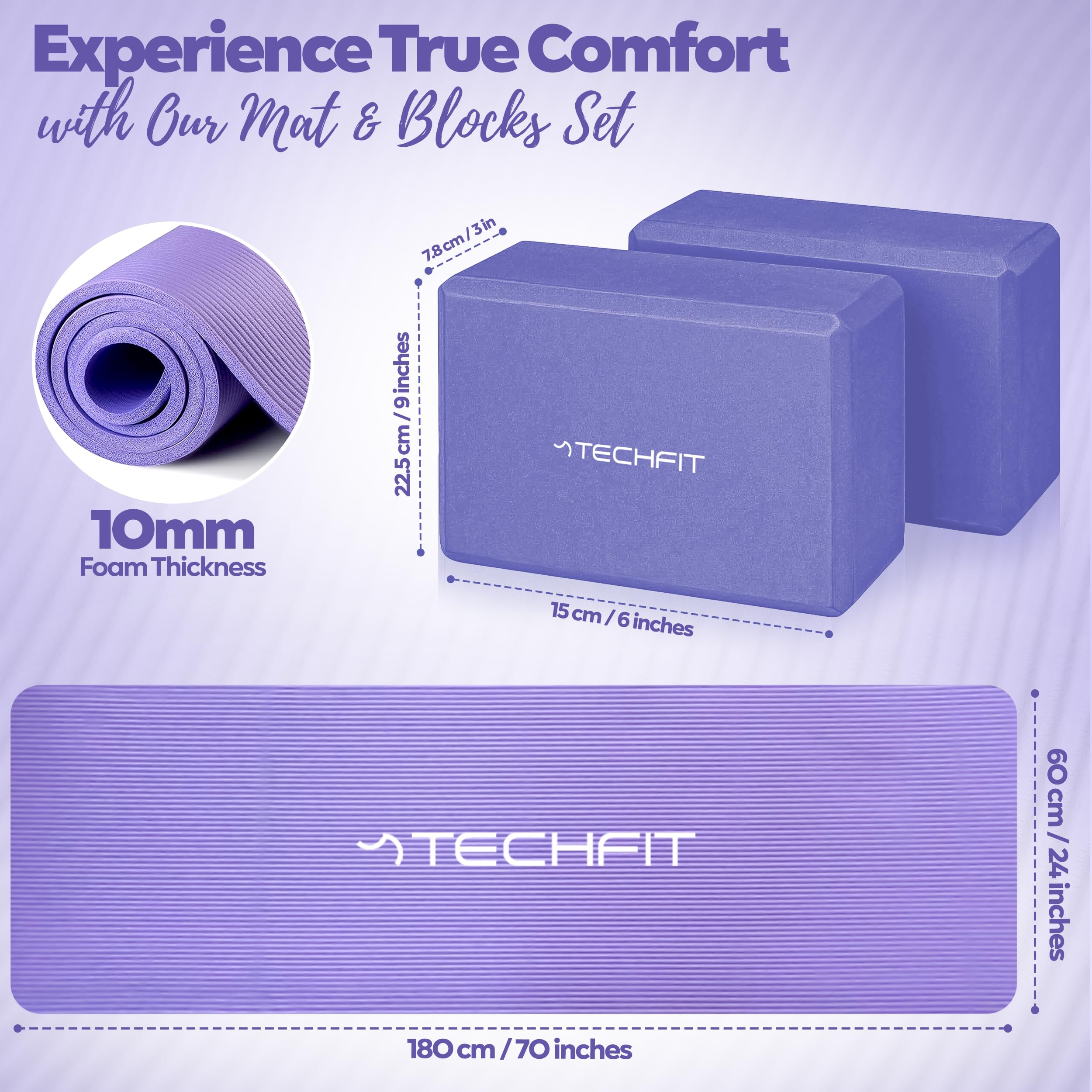 TechFit Set Blocchi Yoga, Tappetino 180x60x1 cm, Spesso Antiscivolo EVA Alta Densità 2 Mattoncini 22,5x15x7,6cm Pilates Stretching Cinghia Trasporto Ecologico