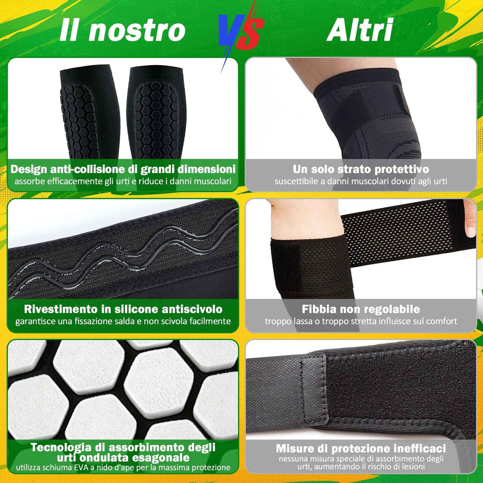 Kiiwah Parastinchi da Calcio 1 Paio Nero con Cuscinetti a Nido d'Ape e Imbottitura EVA – Traspiranti, Antiscivolo, Antishock Manica Protettiva per Polpacci adatti per Bambini, Gioventù e Adulti