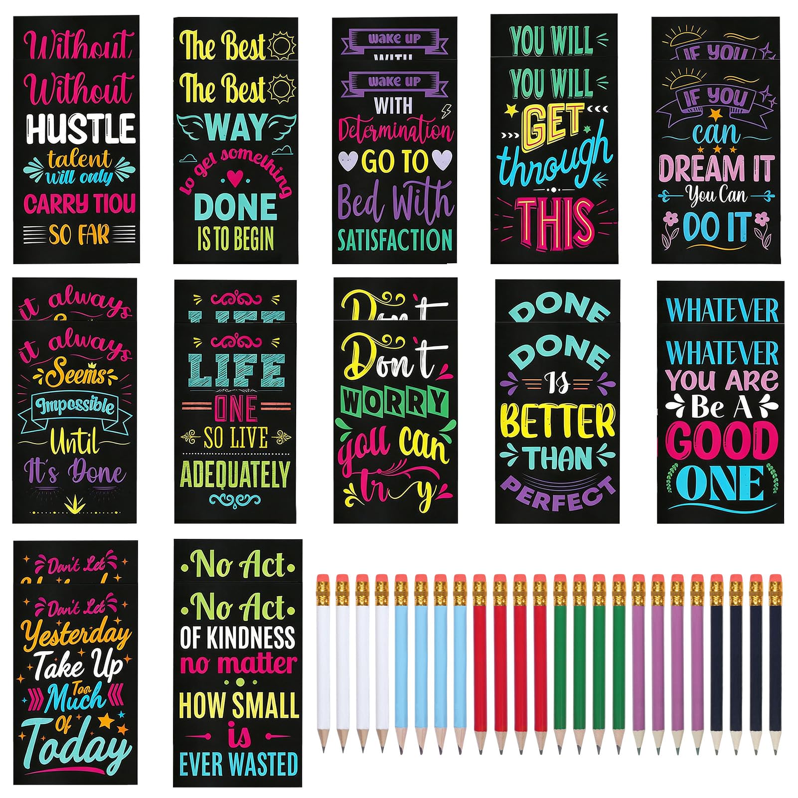 SERTAS End of Year Class Gifts Set,24 Pack Mini Notebooks with 6 Color Short Pencils,Inspirational Pocket Notepads for School Events and Group Distribution (B)