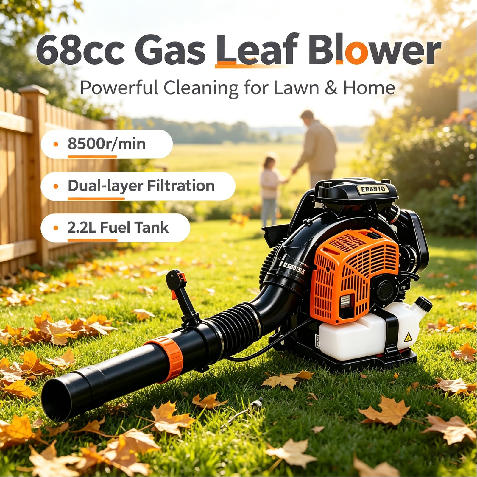 Soplador De Hojas De Gas 68cc, Filtración De Doble Capa 8500r/min | Soplador de hojas de gasolina con mochila de 2,2 L, mango de 180 grados, arnés ergonómico y ventilado(black)