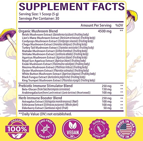 Miniatura 2 de Polvo de hongos  para café de hongos, complejo de hongos 20 en 1 con polvo de melena de león, reishi, cordyceps, cola de pavo y hierbas, suplementos