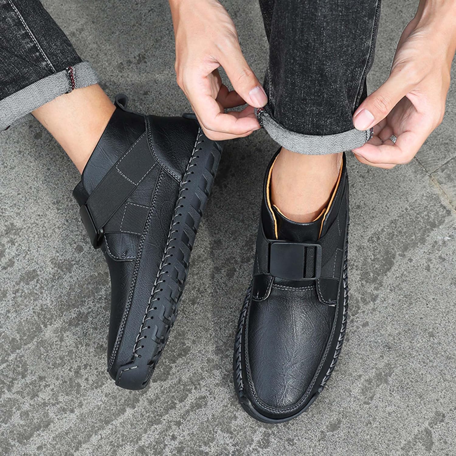 Men's Business Formal Boots Anti-Slip Thick Sole High-Top Walking Casual Boots Leather Waterproof Driving Work Office Uniform Casual Sports Shoes，Large Size
