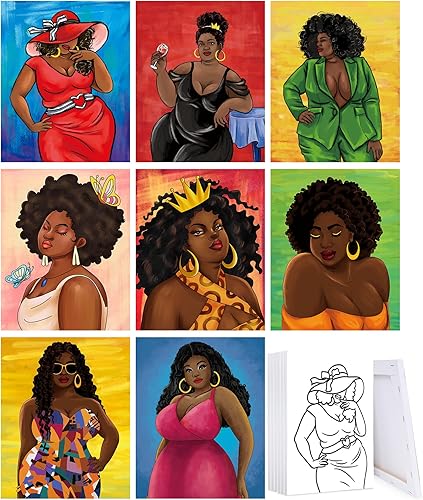 8 lienzos predibujados para pintar para adultos y niños, contorno de lienzo preestirado para pintar y sorber tema de reina afro y kit de piant para