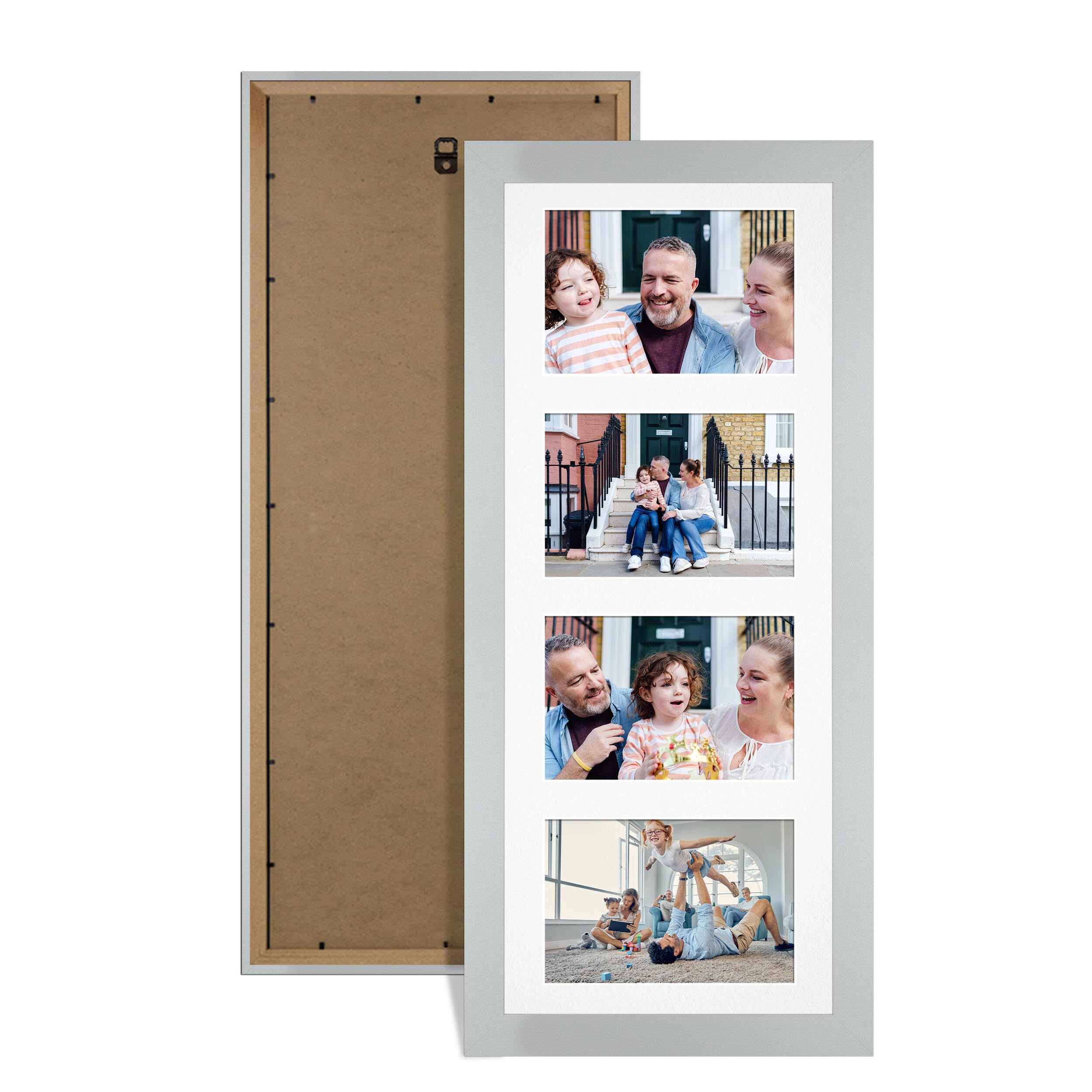 Alison Kingsgate Silver 50x20cm Photo frames for multiple pictures -4 Apertures Collage Frame with White Mount - Holds (4x) 6x4 Photos - Engineered Wood & Perspex