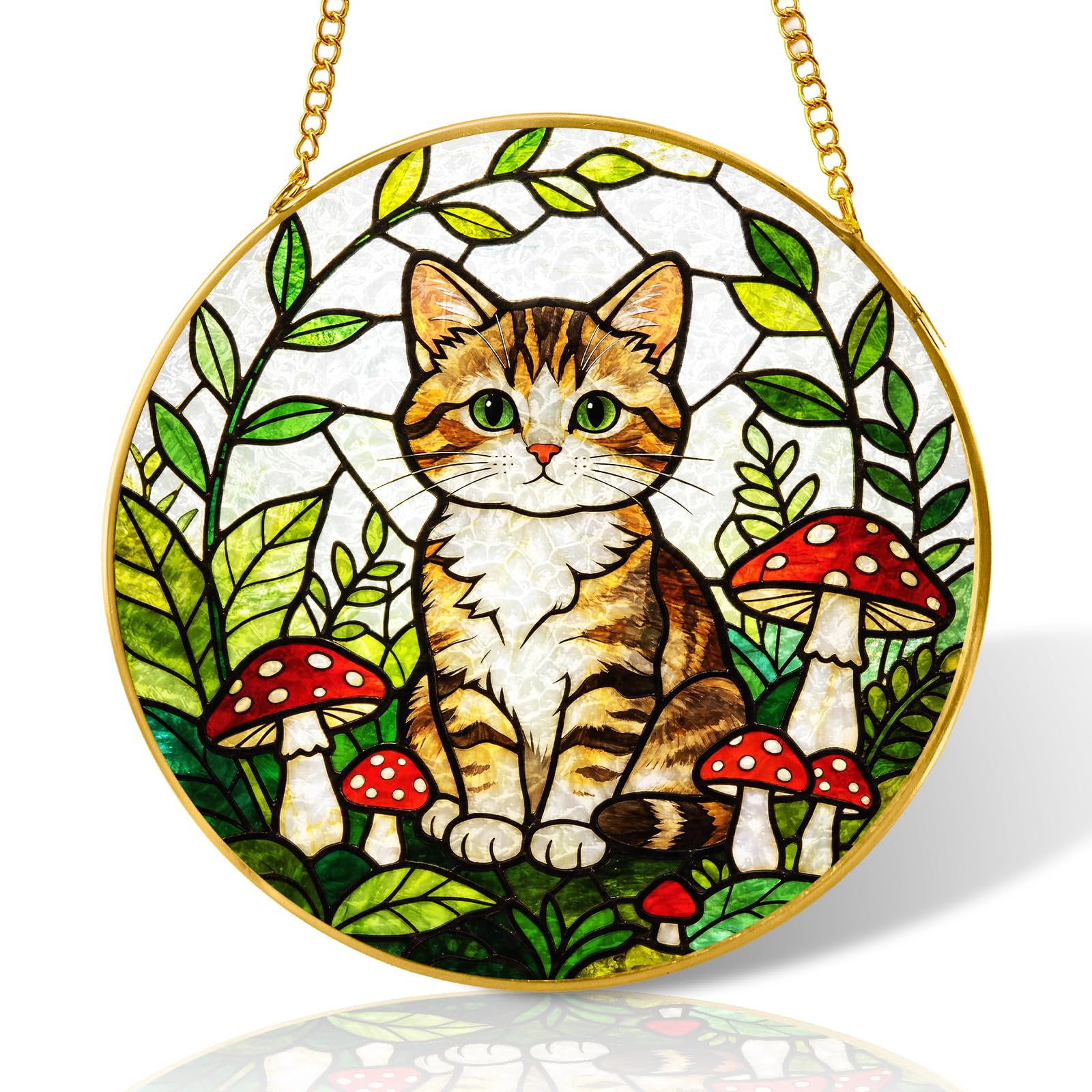 Cat and Mushroom Stained Glass Suncatcher Windows Hanging,6 inch Stained Glass Ornament Home Decor,Suncatchers for Windows Hanging,Birthday Gifts for Women,Lovers,Friend(Gold)