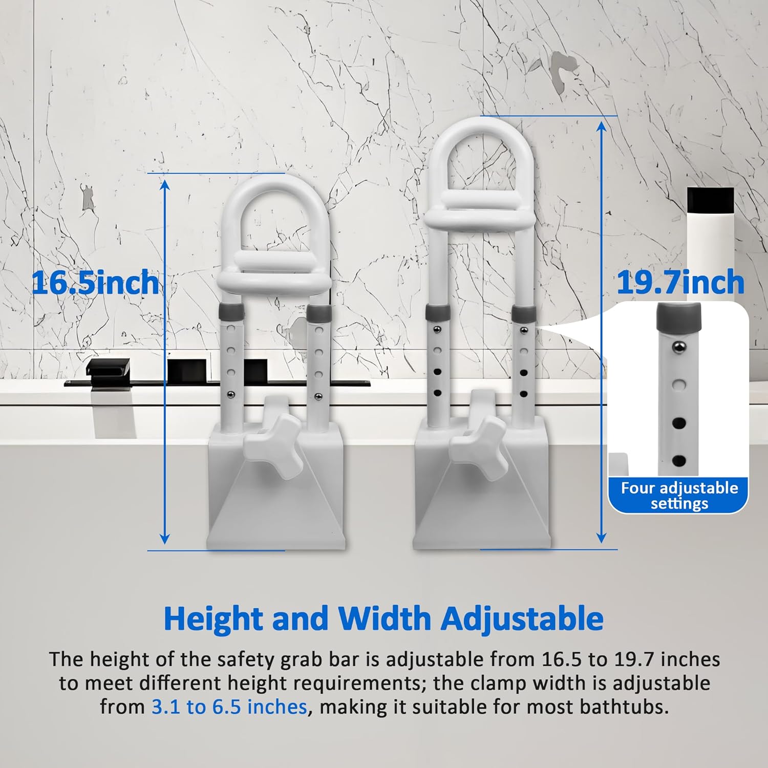 Triple Grip Bathtub Safety Rail, 16.5-19.7 Inch Height Adjustable Bathtub Handrail, Shower Support Handle for Side of Tub, Handicap Shower Safety Grab Bar for Seniors Elderly