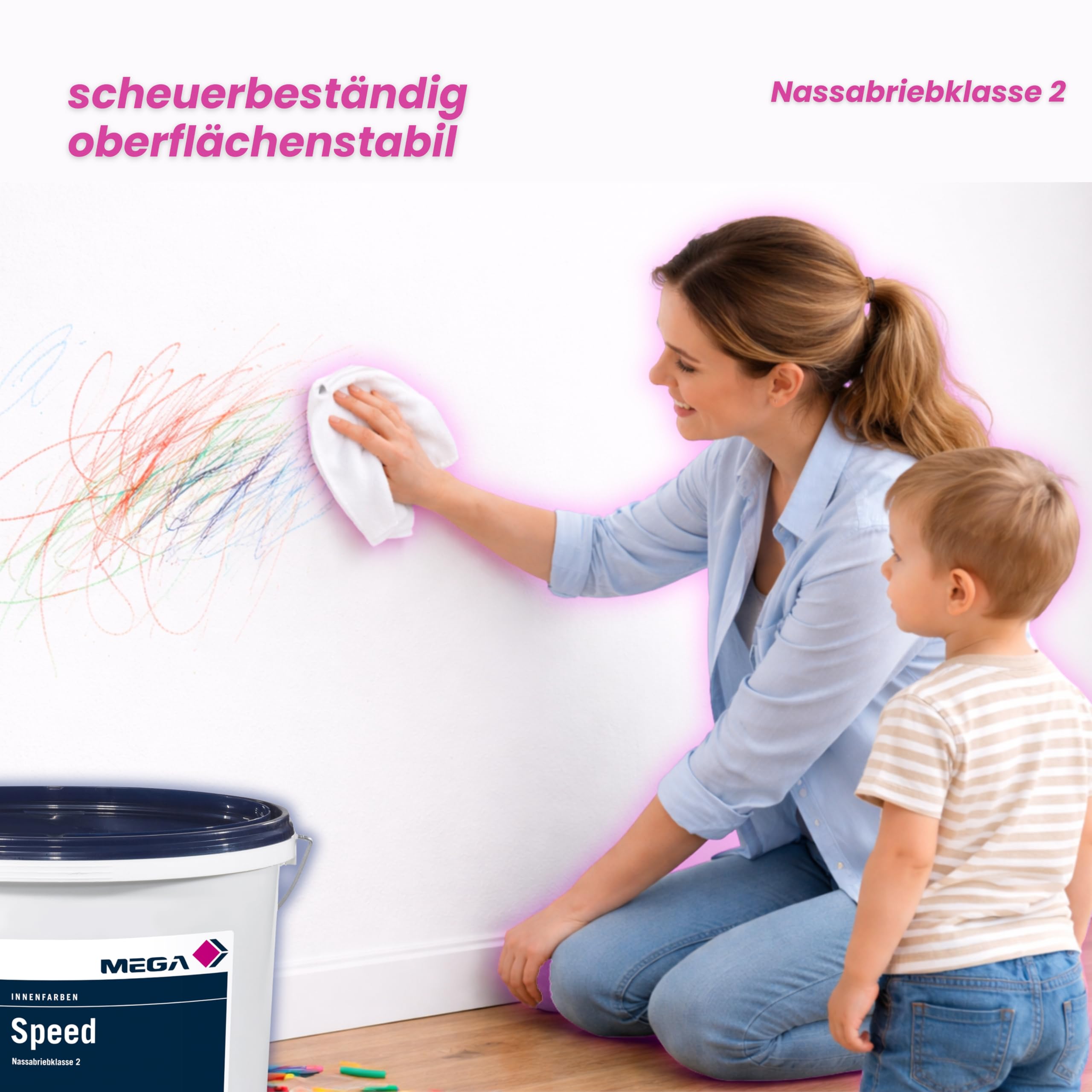 MEGA 300 Speed Wandfarbe Weiß 12,5L inkl. sdw-tools-Rührholz - Innenfarbe | Deckkraftklasse 1 | Scheuerbeständig | Profi-Wandfarbe für streifenfreie Wände & Decken | Weichmacher- & Lösemittelfrei