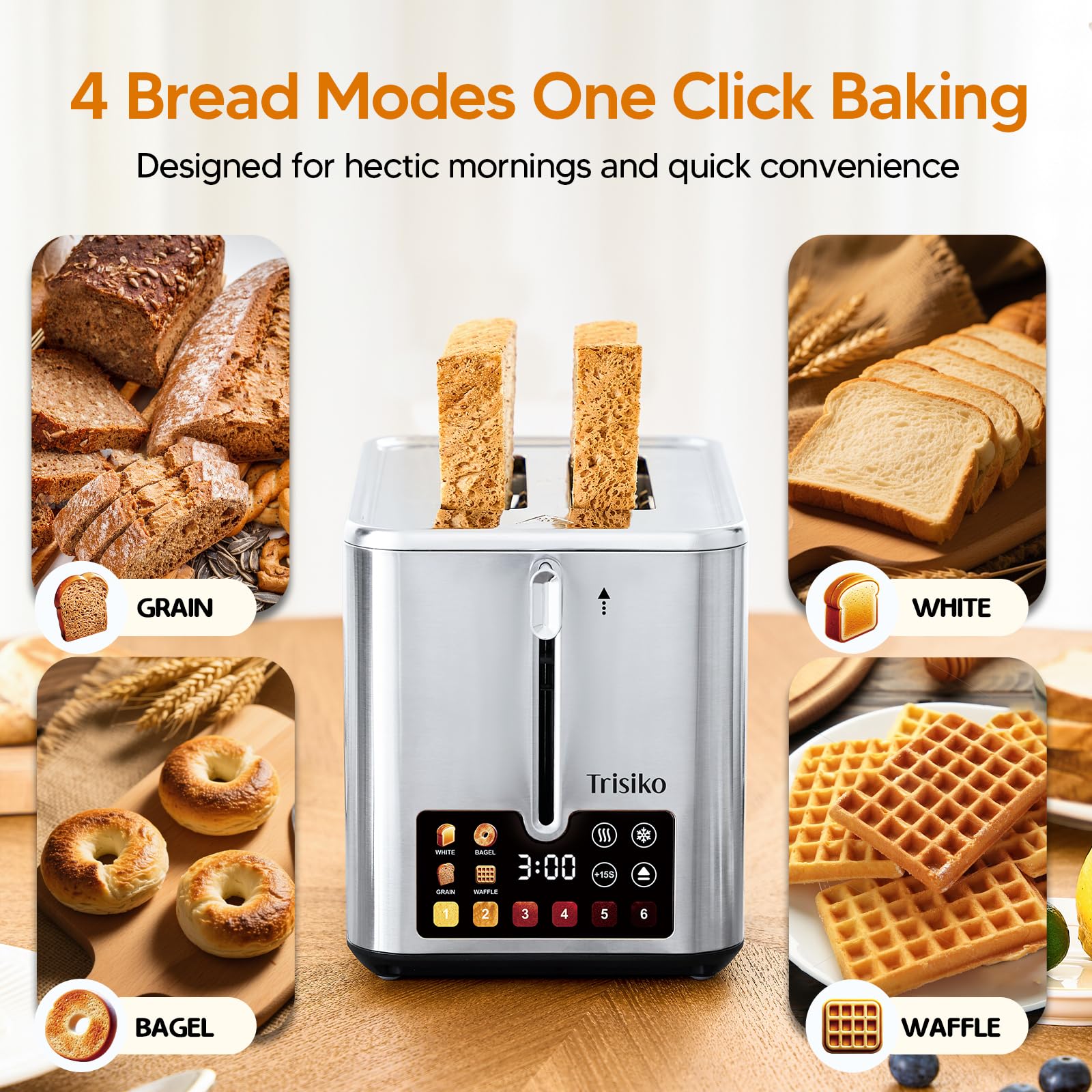 Tostadora de pantalla táctil de 2 rebanadas, tostadora inteligente de acero inoxidable con temporizador digital, ranuras extra anchas de 1.38 pulgadas para pan y bagel, con recalentamiento 7