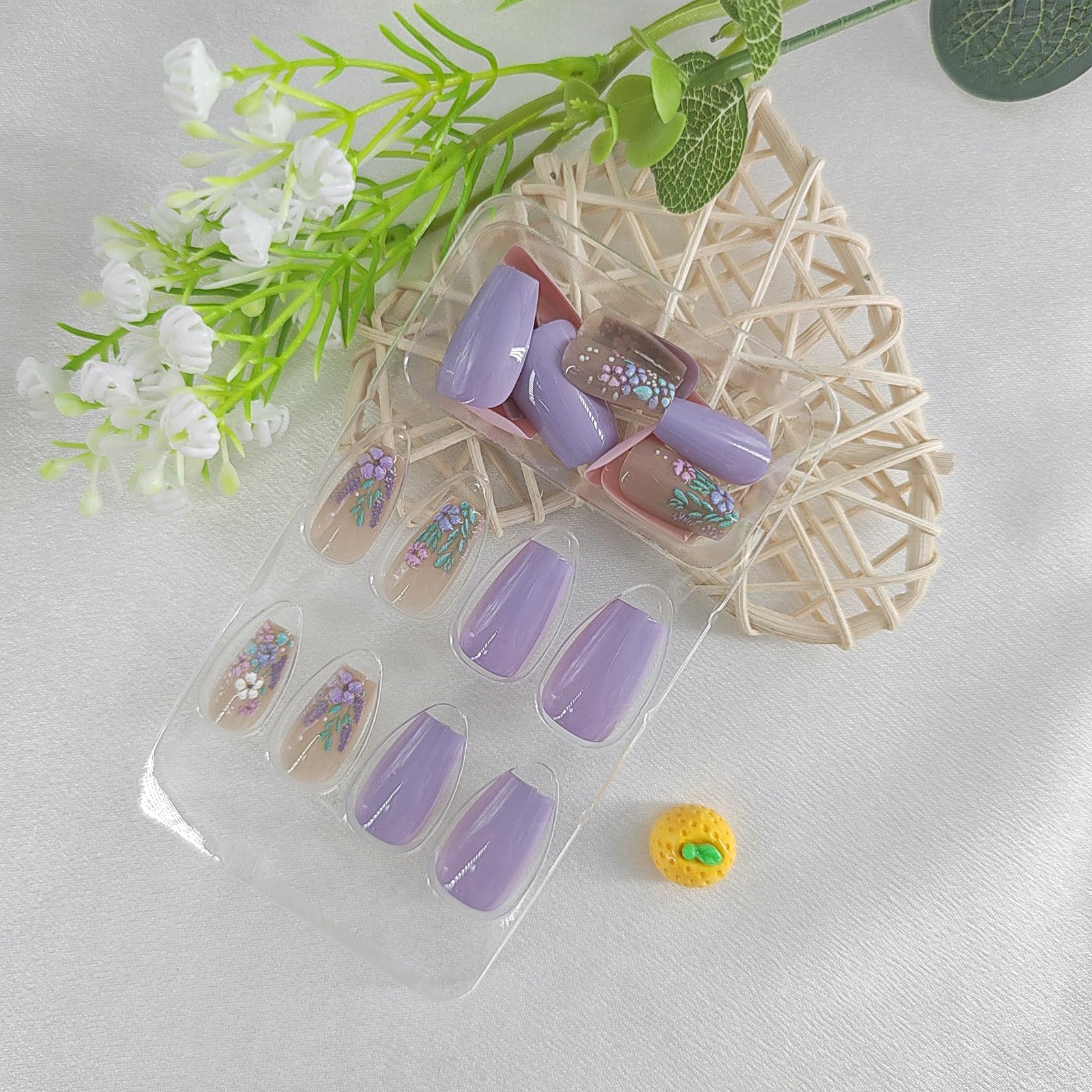 Summer Press on Nails Short Fake Nails with Blue Glitter Designs Coffin Nails Press ons French Tip Glue on Nails Nude Acrylic Nails Spring False Nails Natural Stick on Nails for Women 24Pcs: purple nude