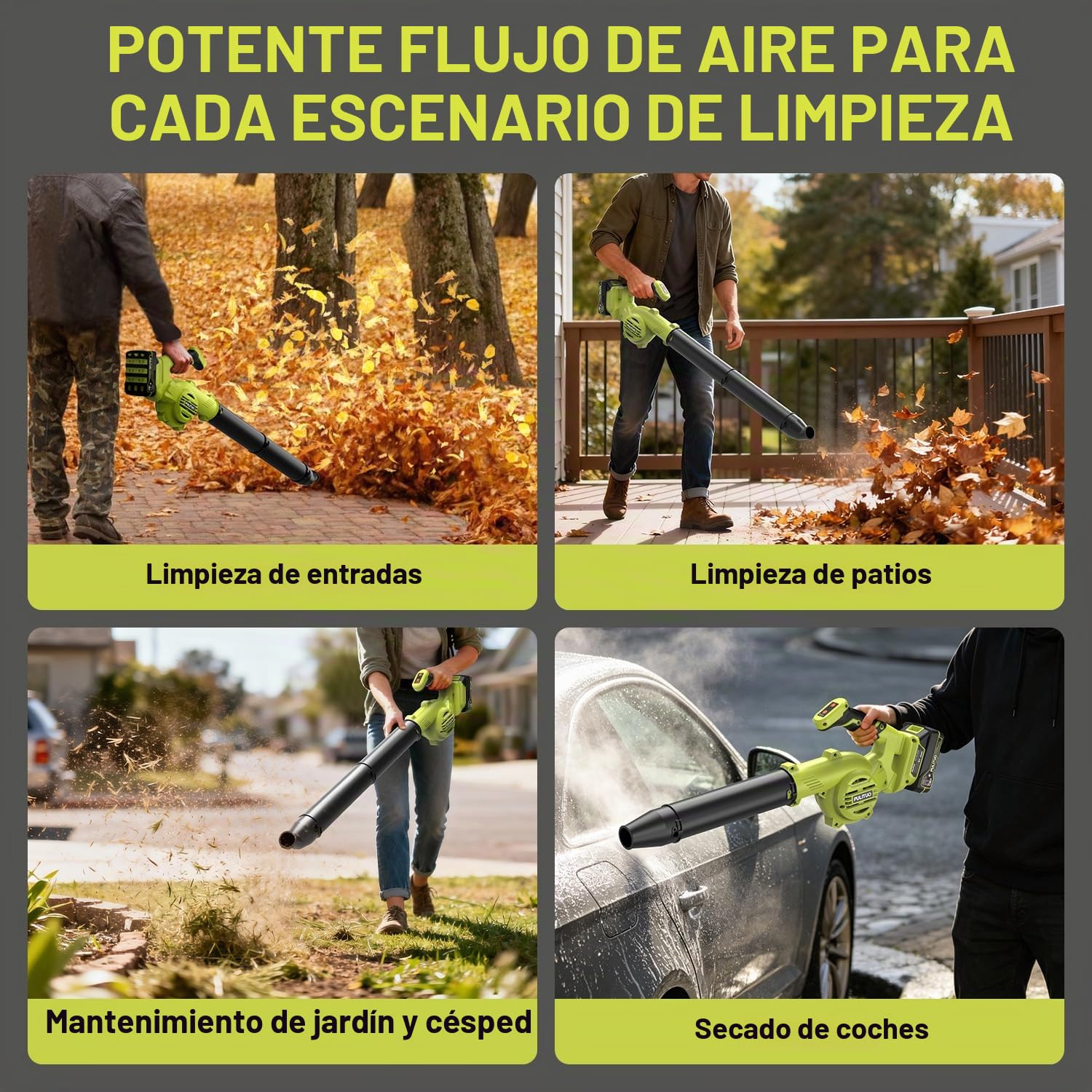 PULITUO Soplador de Hojas, 3 EN 1 Soplador de Hojas Bateria Inalámbrico, 290 KM/H, Motor sin escobillas de 20000 RPM, Soplador eléctrico portátil para jardín para Polvo y Hojas (2 Baterías)