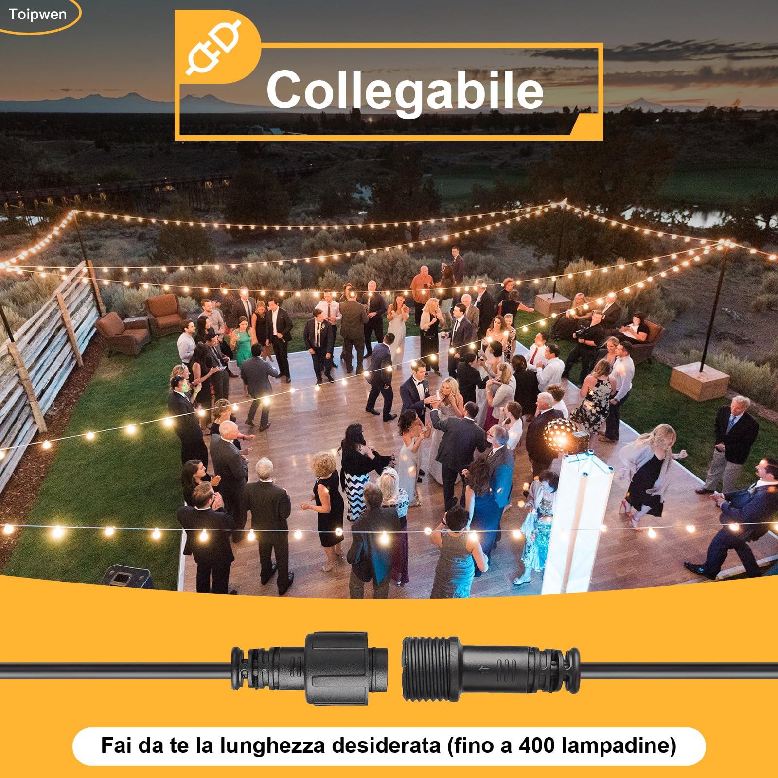 Toipwen Catena Luminosa Esterno, 30M Luci da Esterno Giardino con 50+2 Lampadina di Plastica, IP45 Impermeabile, Bianco Caldo 2700K, Decorazione Esterni Interni per Giardini, Terrazze, Feste
