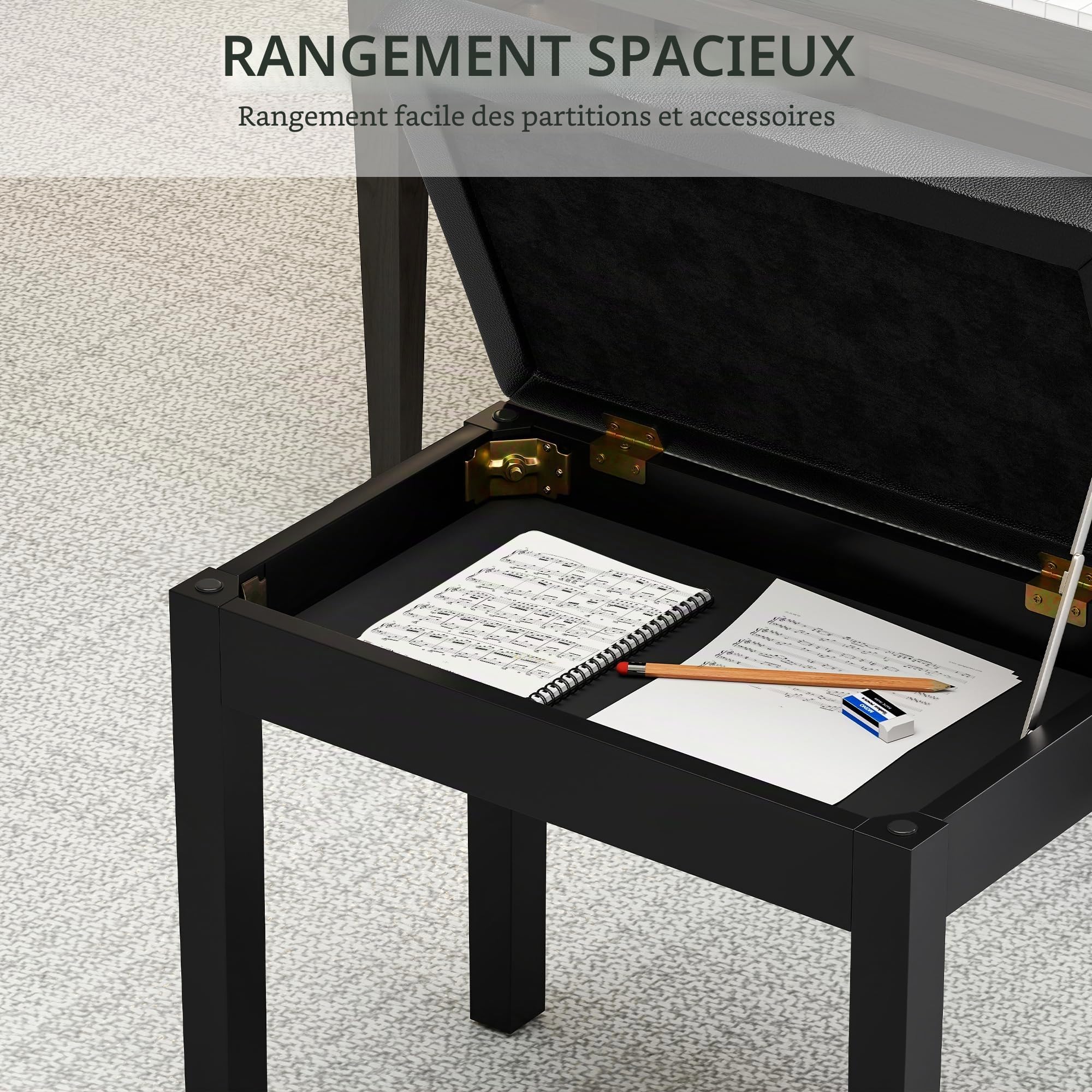 HOMCOM Banc de piano avec espace de rangement, pieds en bois et cuir synthétique, noir, 55 x 34 x 50 cm