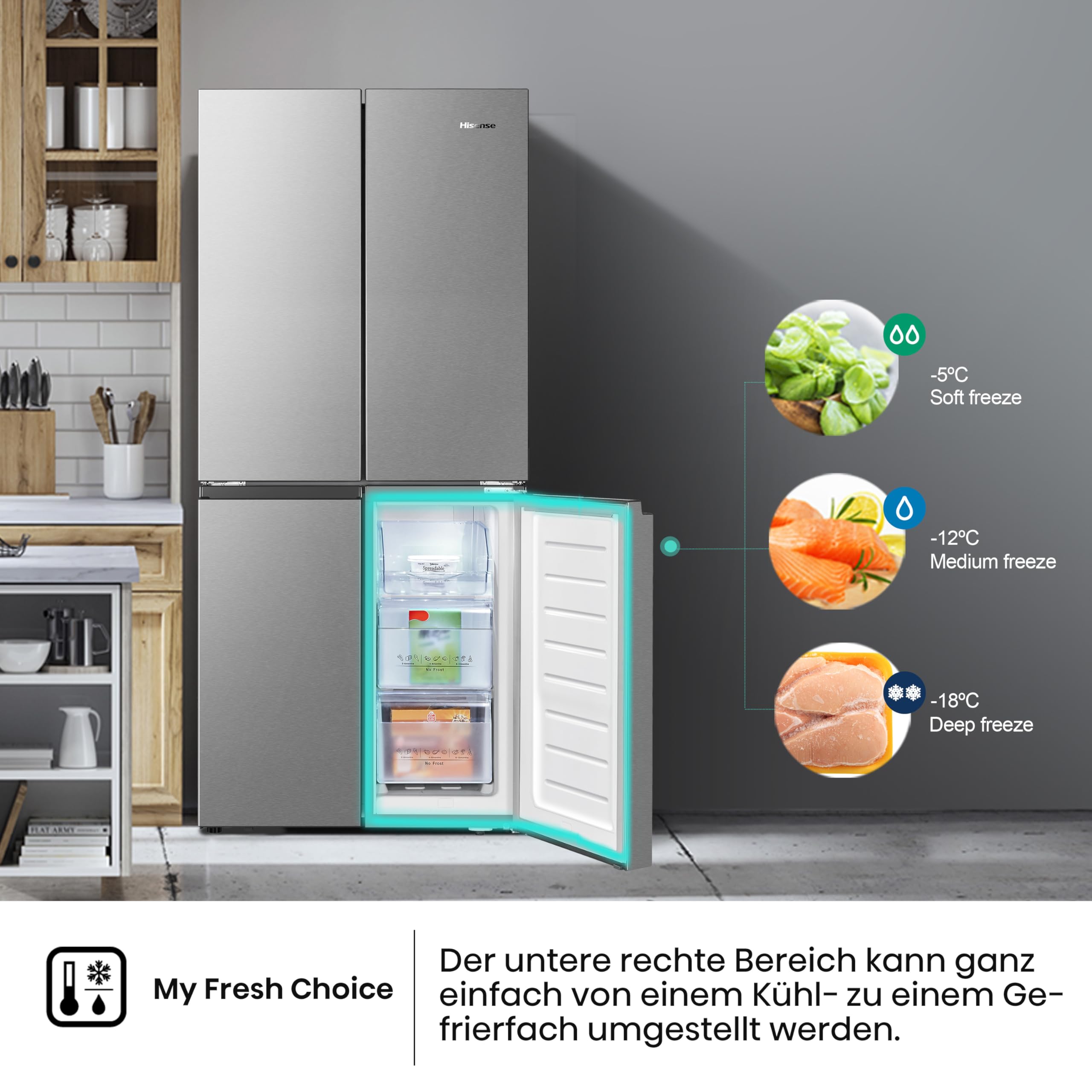 Hisense RQ563N4SI2 Cross Door Kühl-Gefrierkombination/ NoFrostPlus/ Inverter-Kompressor/ HolidayMode/ SuperCool/ 181 cm/ Kühlteil/ Gefrierteil/ 40 dB/ 279 kWh/ Jahr/ Inox-Look 454L – Bild 6