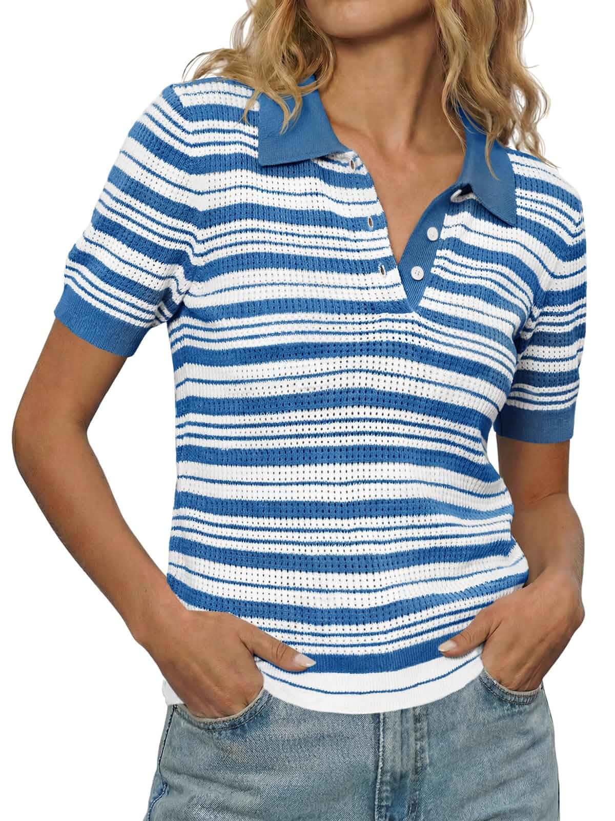 Fisoew Womens Striped Knit Polo Shirts Short Sleeve Collared Cotton Shirt Casual Summer Pullover Sweater Tee Tops Short Sleeve