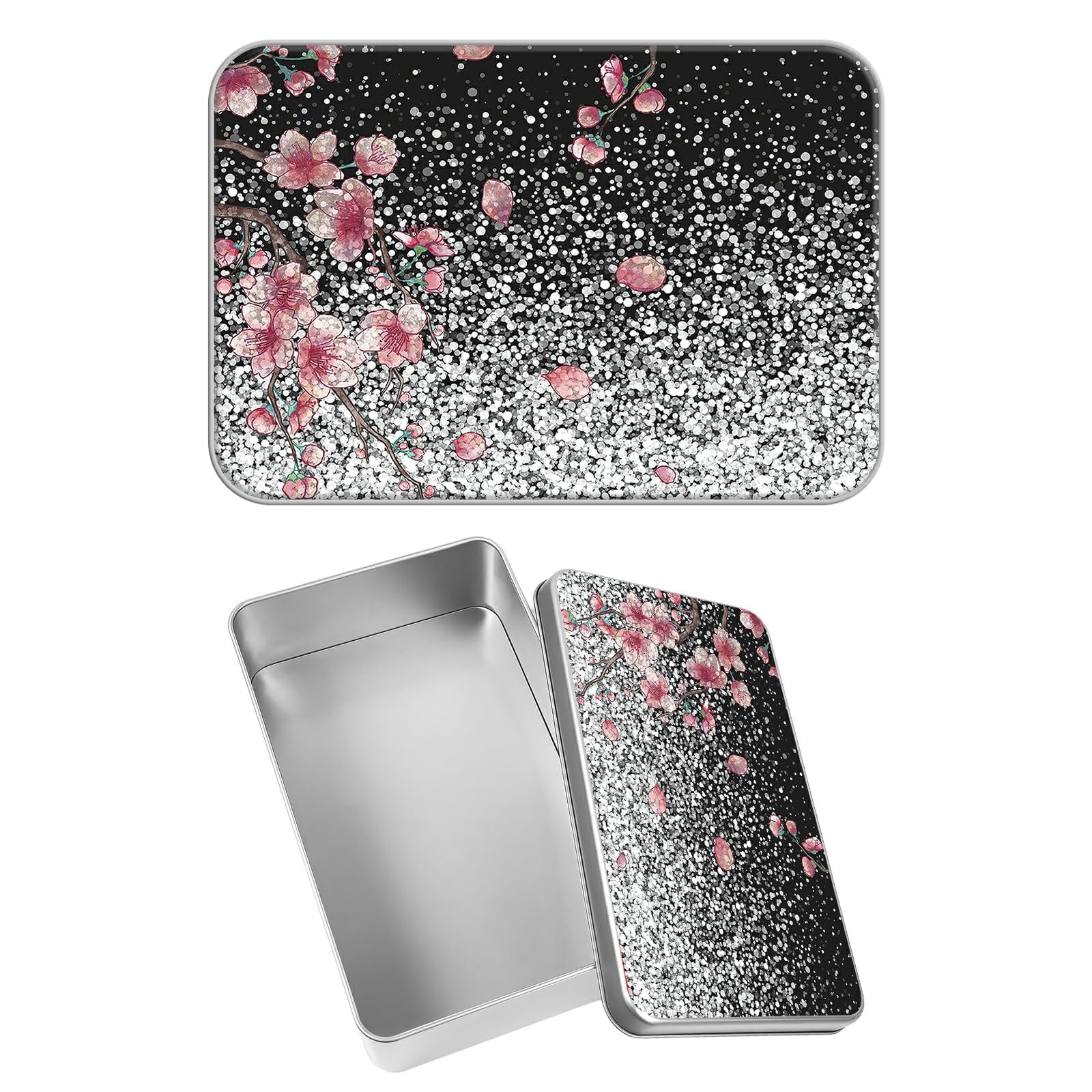 Rectangular Metal Tin Box with Removable Lid, Glitter Sakura Decorative Printed Metal Storage Container for Jewelry Pen Eraser Pill Candy Craft 4.9 x 3.54 x 1.57 inch– Single Pack