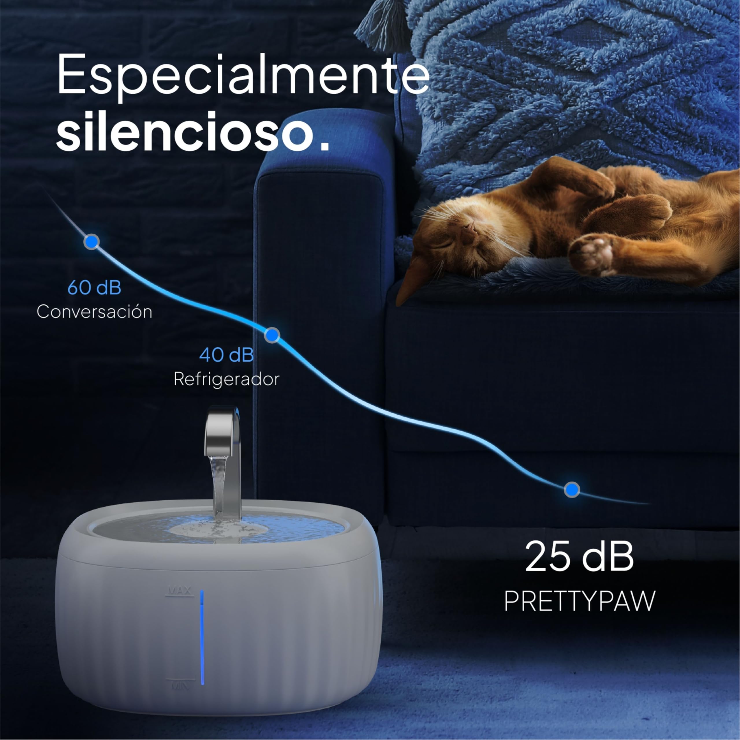 Pretty Paw Fuente de Agua para Gatos 3L con Indicador LED MIN/MAX - Funcionamiento Silencioso y Fácil Limpieza, Bebedero Automático con Filtro para Interior - Aquaflow (Blanco)
