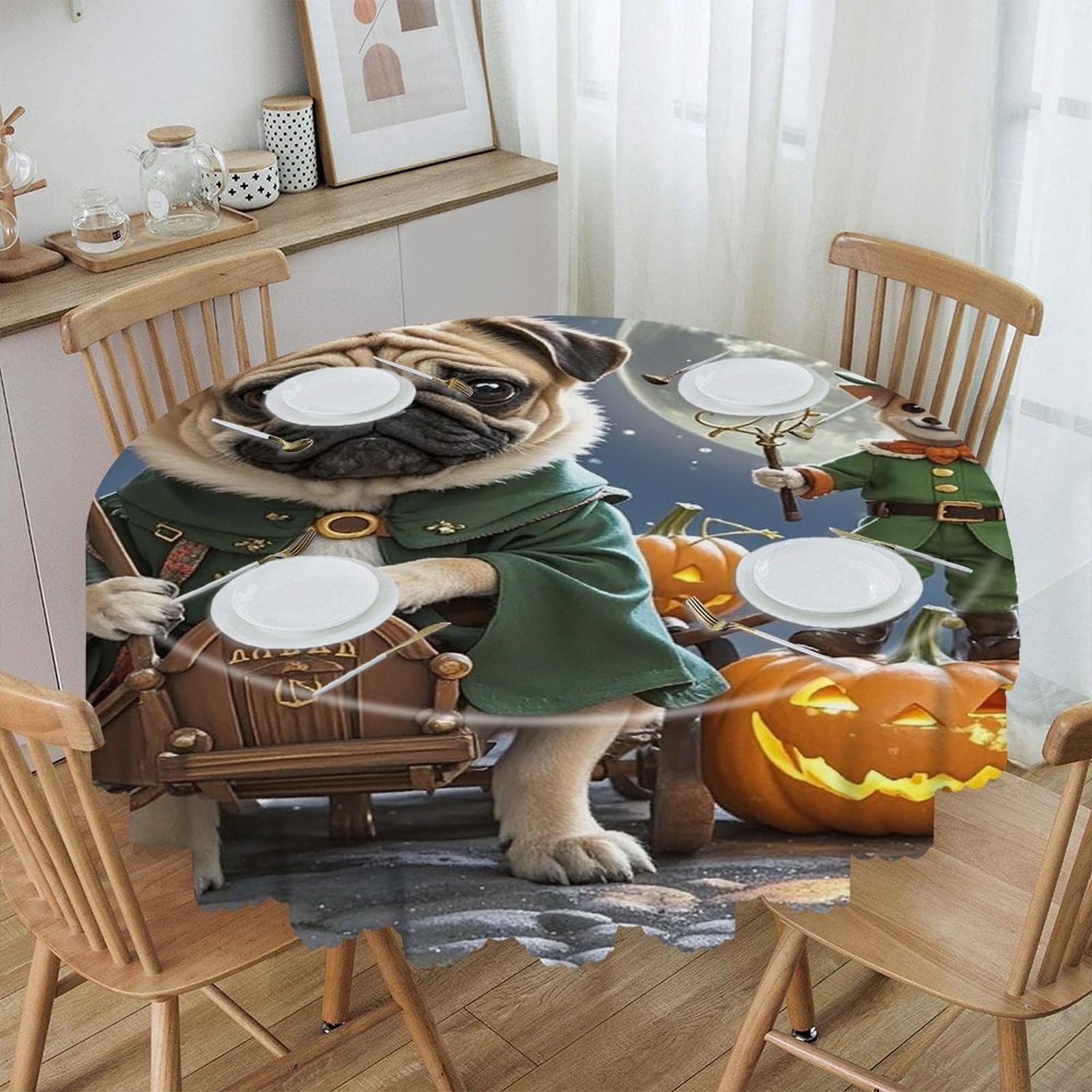 FekiLoot Moon and Jack-O'-Lantern Round Tablecloths 60 Inch Resistant Washable Polyester Table Cloth Style Decorative Circle Fabric Table Cover for Dining Kitchen Party Farmhouse Outdoor