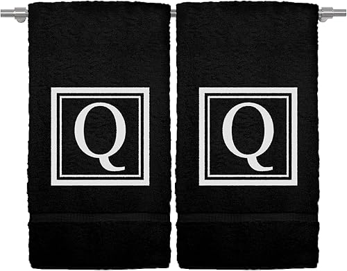 Miniatura 1 de Juego de 2 toallas de mano con monograma, 16 x 30 pulgadas, regalo personalizado, letra blanca bordada con diseño cuadrado en toalla negra, extra