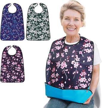 JFMkaer 3 Pack Adult Bibs for Women, Waterproof and Breathable Clothing Protector with Optional Crumb Catcher Washable Adult Bib for Elderly Seniors