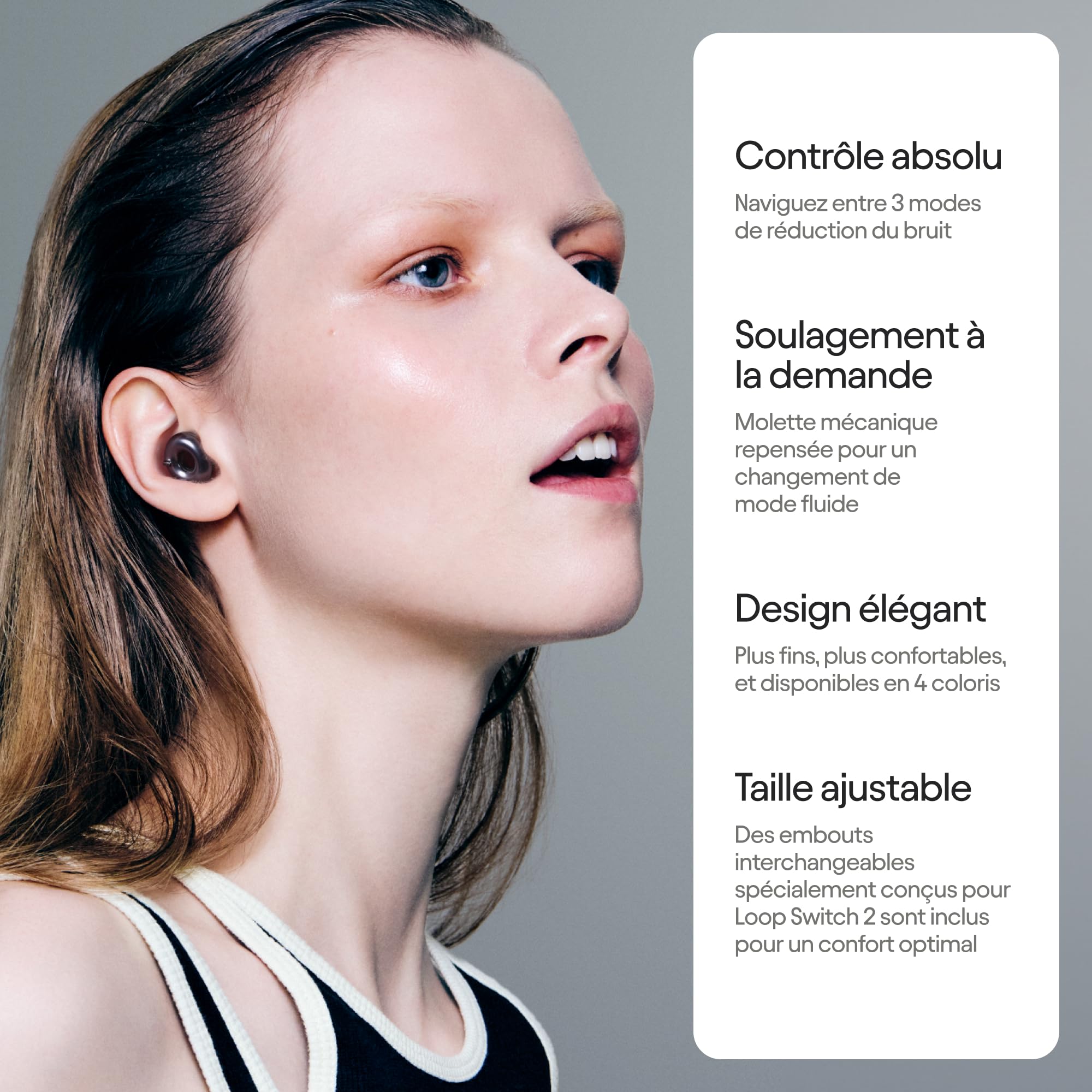 Loop Switch 2 Bouchons d’oreille ajustables — 3 modes de protection en 1 | Parfaits pour la concentration, les voyages, les sorties, les festivals, etc. | Réduction du bruit de 20 à 26 dB (SNR)