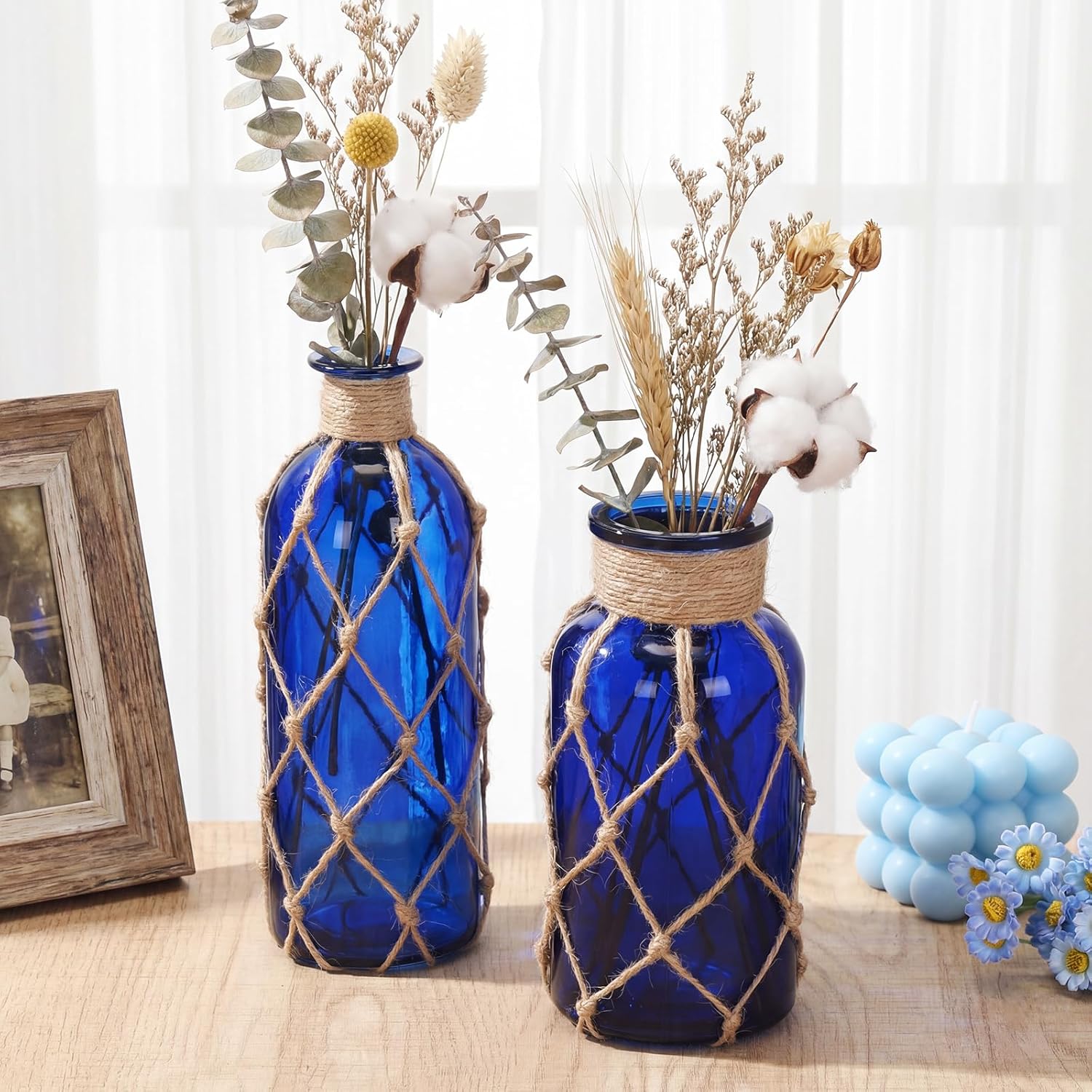 Chuangdi Set of 2 Coastal Glass Vases for Flowers TSITP Flower Vase with Boho Rope Small Sea Glass Jar Nautical Beach Bottle for Wedding Table Centerpieces Floral Arrangement Decor(Deep Sea Blue)