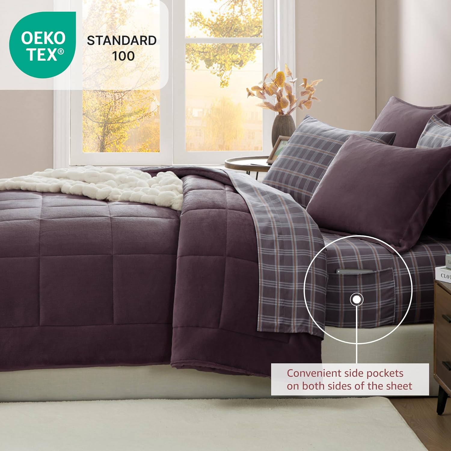 Plush Queen Comforter Set Purple, Flannel Velvet Comforter Sets 7 Pieces Bed in a Bag, Soft Warm Winter Bedding Set with Sheets, Pillowcases & Shams