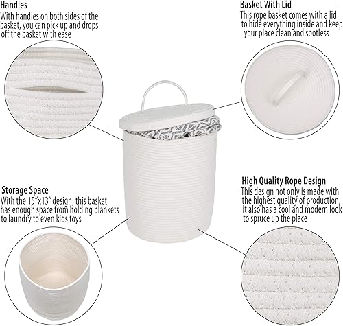 Miniatura 4 de Cesta de almacenamiento de cuerda de algodón con tapa, cestas tejidas grandes y asas de 15 x 13 pulgadas, para guardería, lavandería, canasta