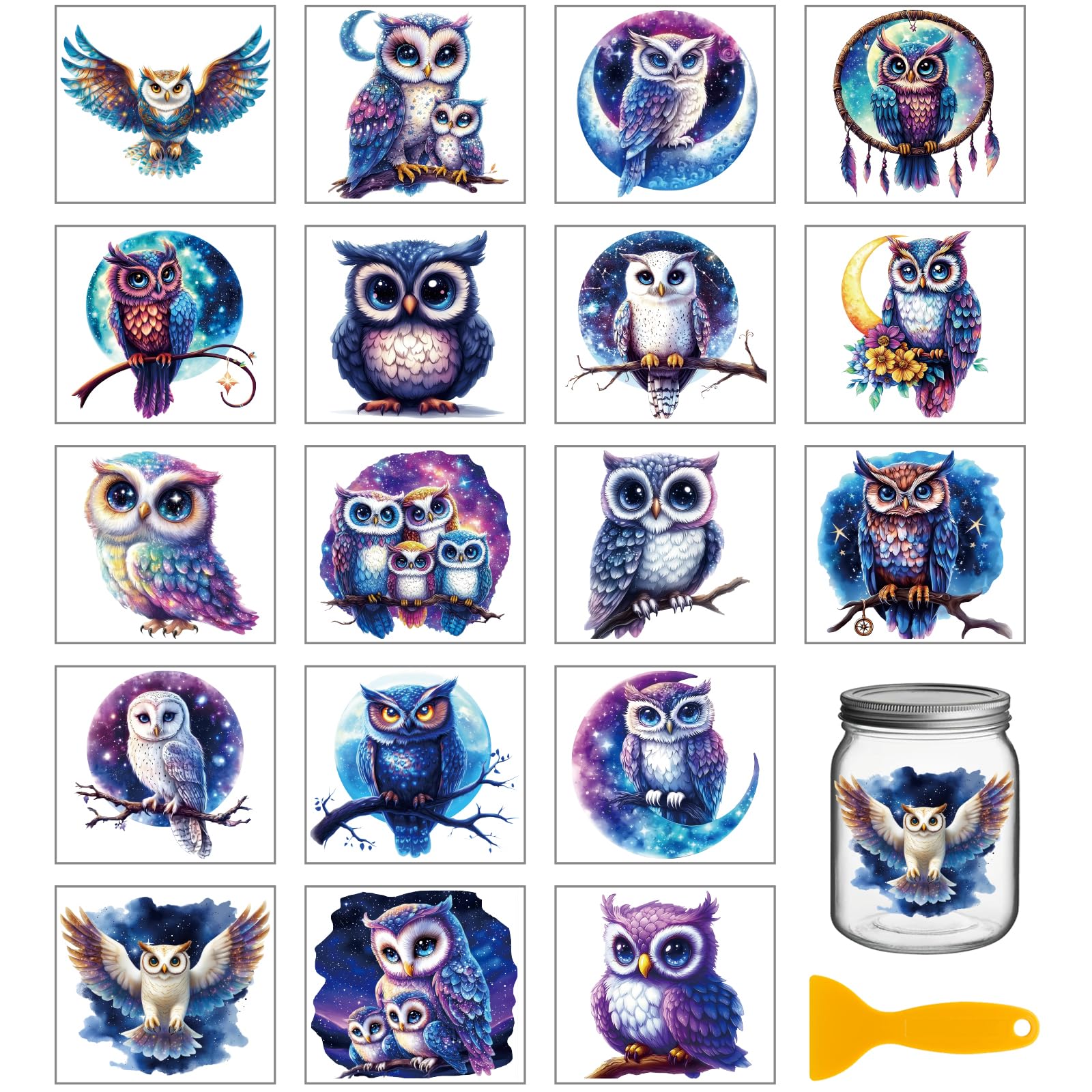 GLOBLELAND 18 Sheets Starry Sky Owl Transfer Stickers 3.9x3.6inch Moon Animals Colorful Transfer Flower Decal Rub on Transfer for Cup Decal Vase Glass Art Crafts Decorations
