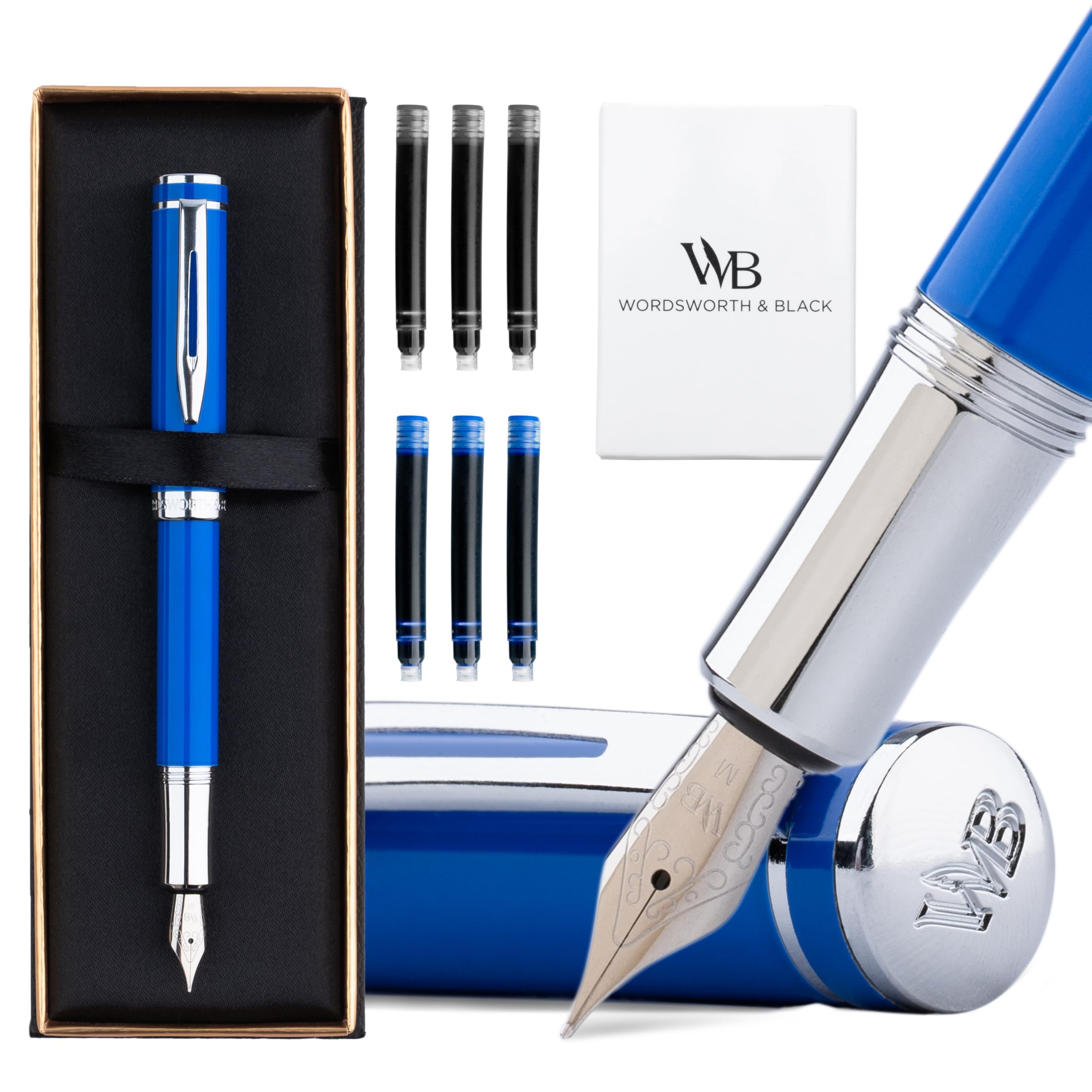 Wordsworth and Black Fountain Pen Mini EDC Bolígrafo de Bolsillo Azul, Cromo, Punta Mediana, 6 Cartuchos de Tinta, Convertidor de Tinta, Conjunto de Regalo de Bolígrafo Recargable, Hombres y Mujeres