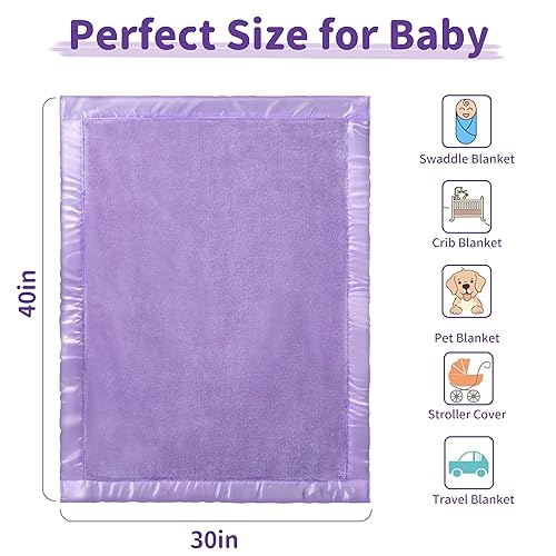 Miniatura 6 de Pro Goleem Manta de vellón para bebé con ribete satinado de 2 pulgadas, manta de felpa suave para niños y niñas para bebés, color morado, 30 x 40