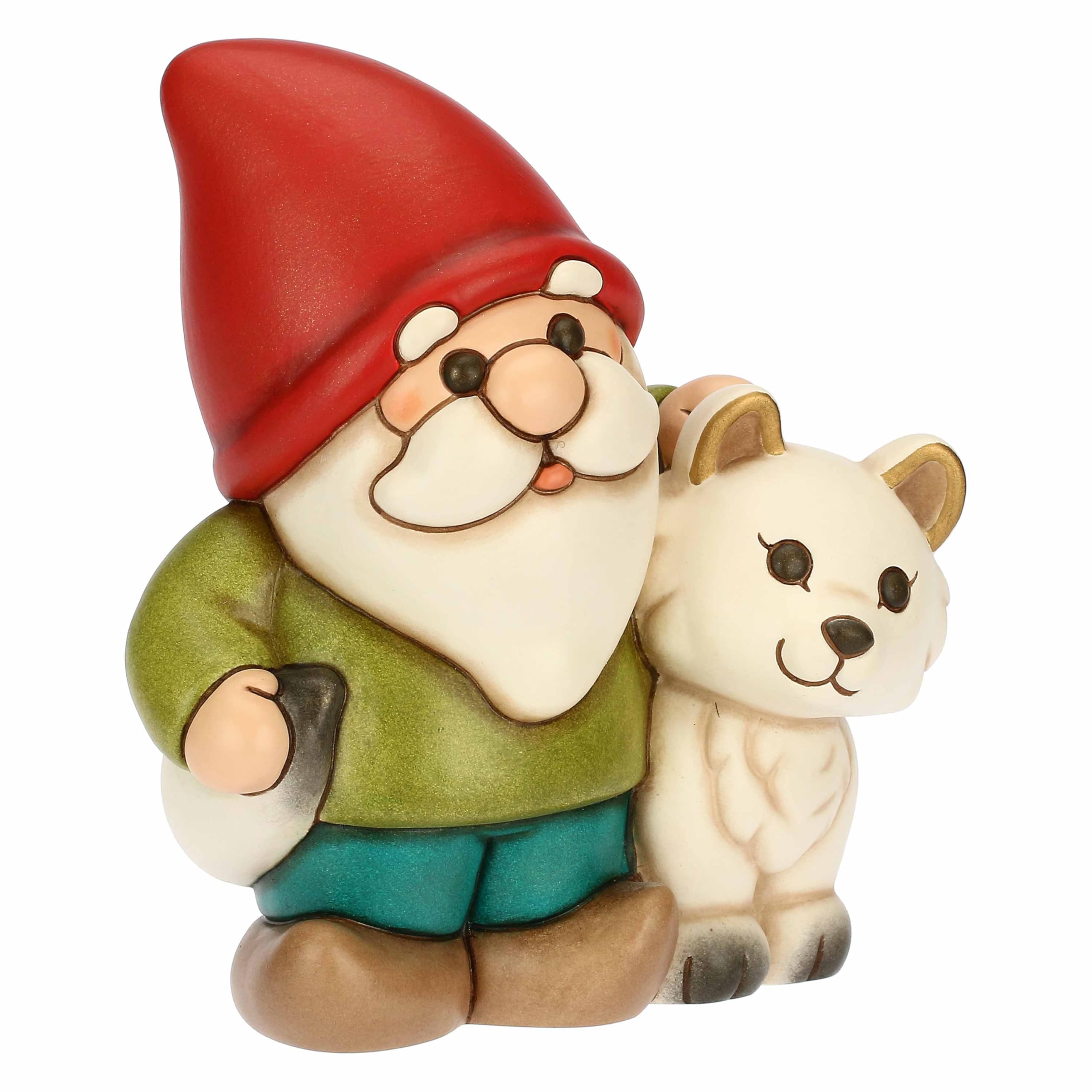 THUN, Gnomo Oliver con Volpe Bianca Perla in Ceramica di Alta Qualità, Collezione Inverno Incantato, Statuine da Collezione, Idea Regalo per Natale, 14,1 x 9,3 x 15,8 cm