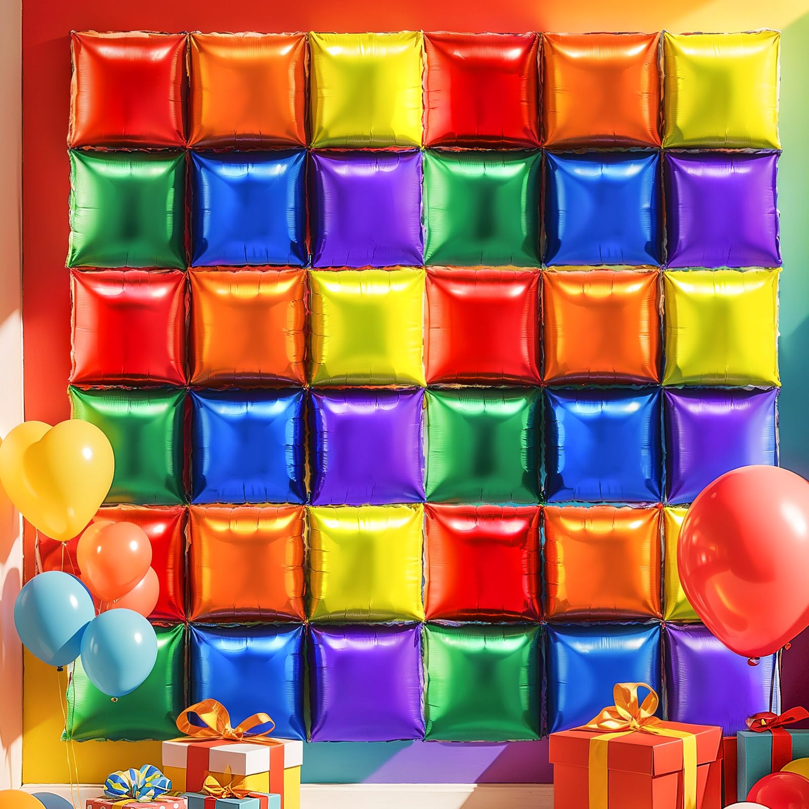 Charnoel 36 Pcs Rainbow Birthday Decorations Balloons Brick Square Foil Balloon Wall Backdrop Arch Kit Double Sided Metallic for Cartoon Video Game