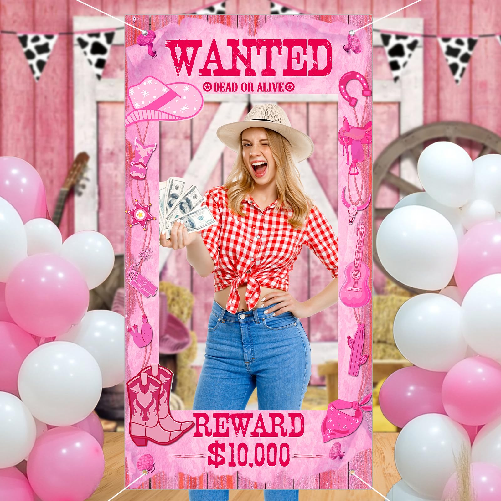 Large Cowgirl Party Decorations Pink Western Wanted Photo Banner Fun Frame Banner West Wanted Photo Booth Prop Wild Western Selfie Banner for Wild