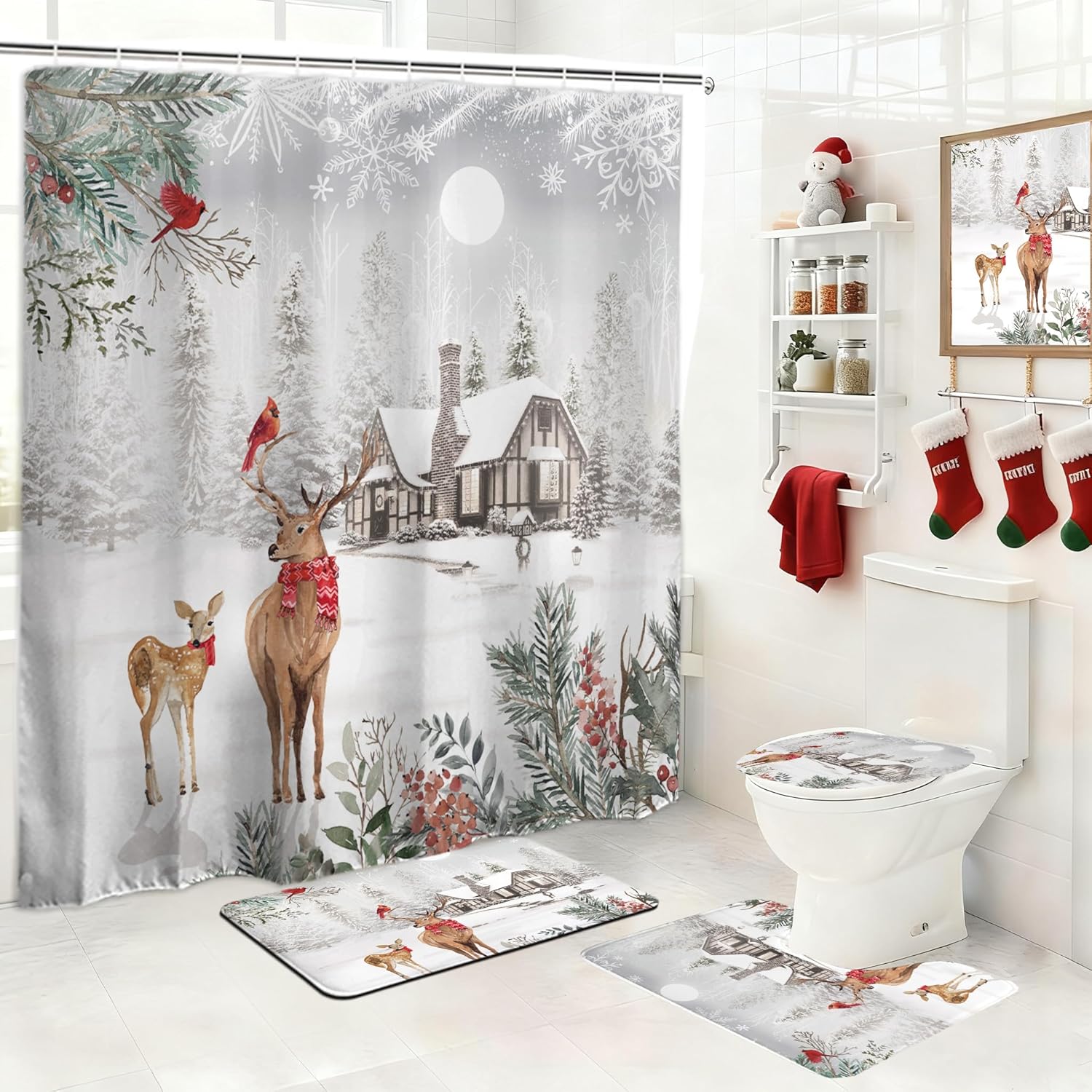 Baccessor 4 Pcs Merry Christmas 72x72 Inch Shower Curtain Set,Christmas Winter Shower Curtain with Hooks, Non-Slip Rug, Bath Mat and Toilet Lid Cover Sets Winter Xmas Holiday New Year Bathroom Decor