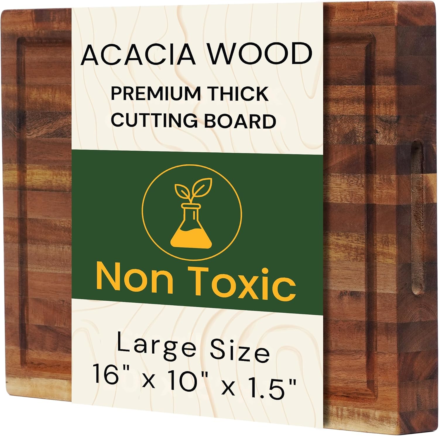 Premium Acacia Wood Cutting Board for Meat, Bread & Kitchen Prep - 16" x 10" x 1.5" Thick Butcher Block with Deep Juice Groove, Solid Hardwood, Non-Toxic, BPA Free by New M Way