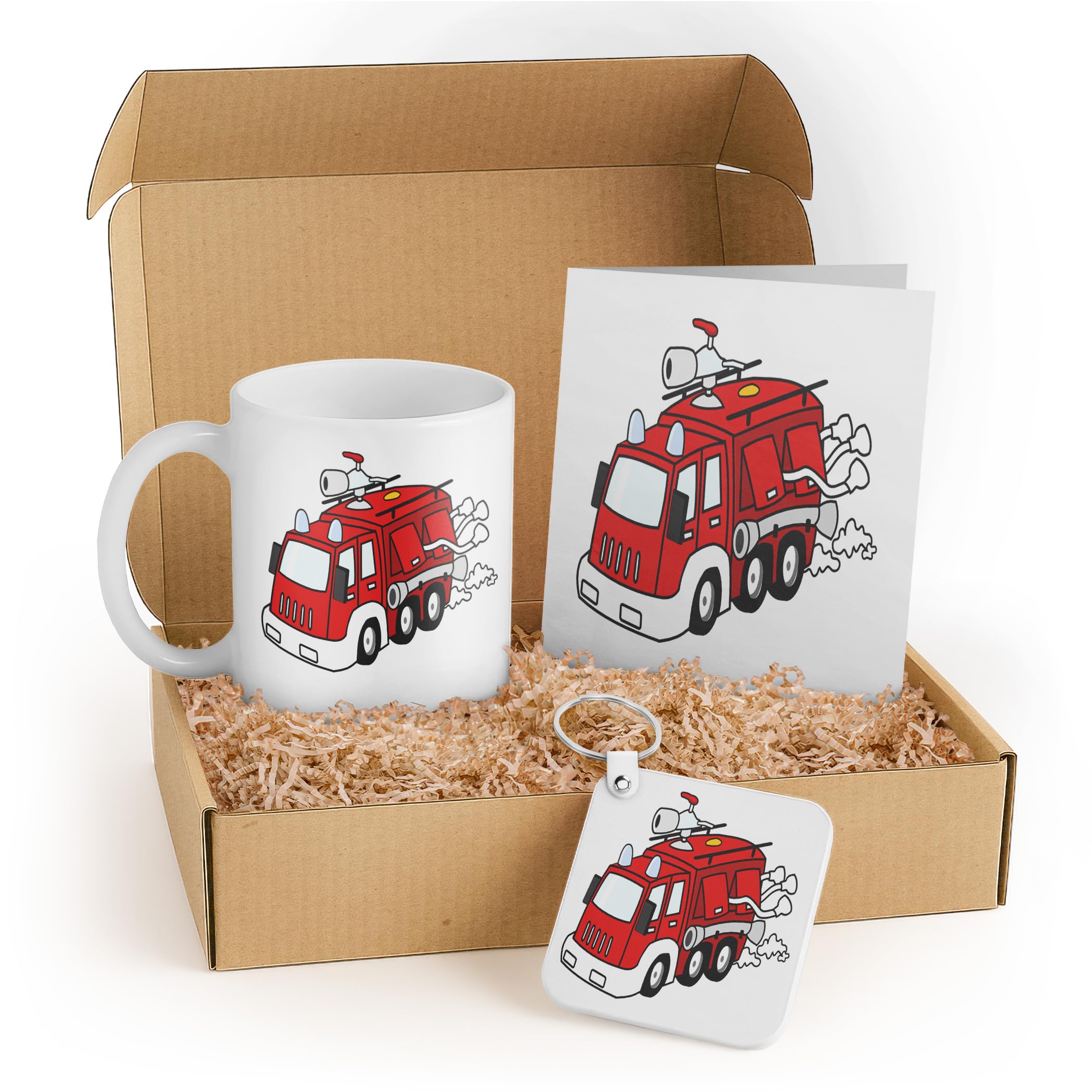 3dRose Cute Fire Truck Gift Set for Kids - Includes Mug, Keychain, and Card - Perfect for Birthdays and Christmas