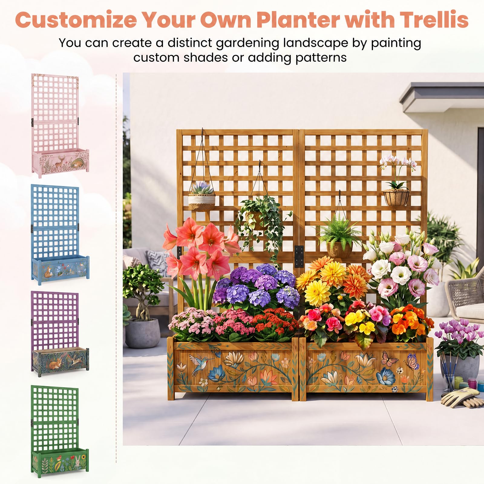 HOMASIS Blumenkasten mit Sichtschutz, Pflanzkübel mit Rankgitter, Pflanzkasten aus Holz, Hochbeet Pflanzgefäß Rankkasten Gartenspalier Rankhilfe für Balkon Garten Terrasse (Orange, 76x32x143cm)